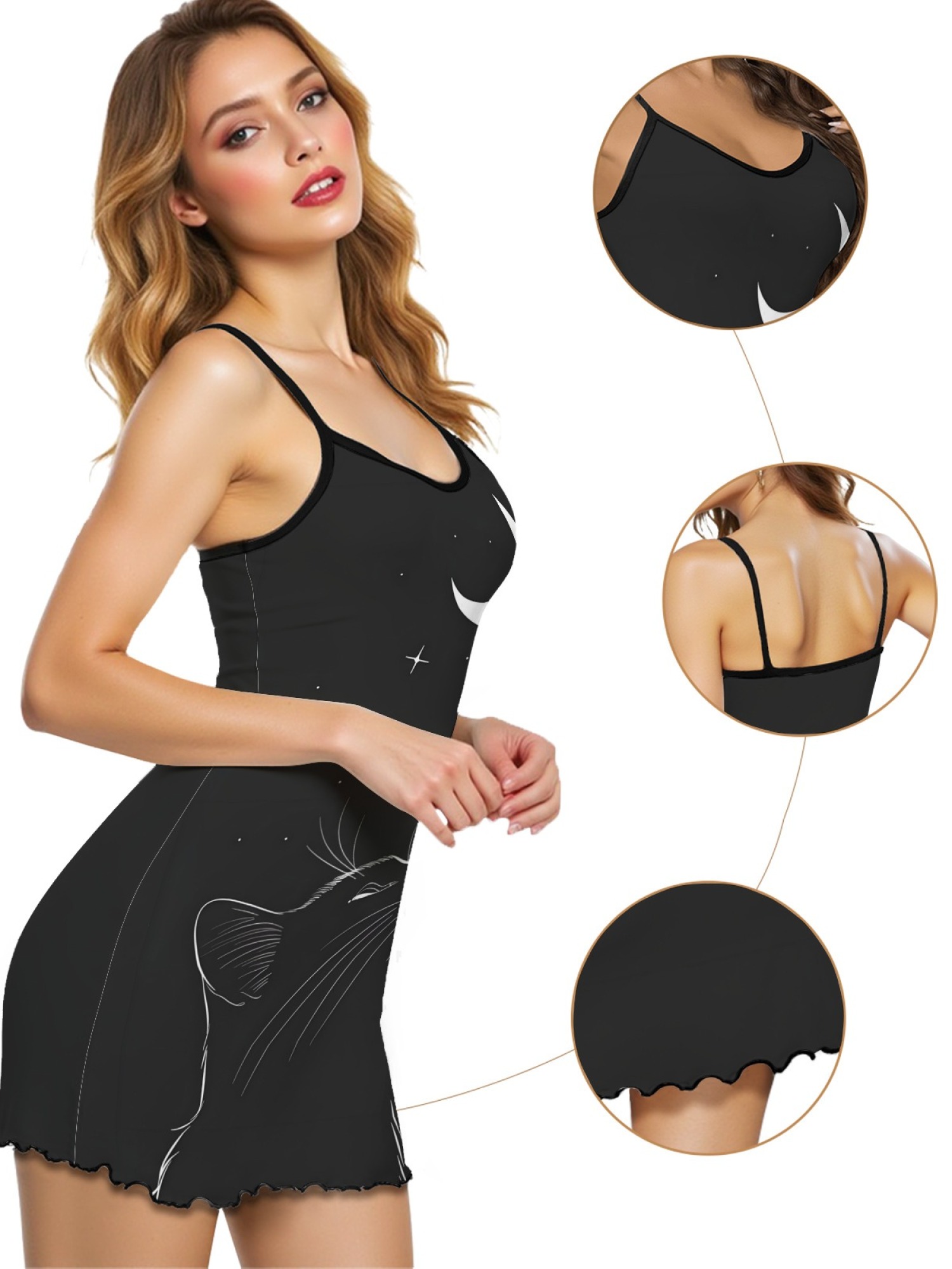 Ladies Cat Print Cami Nightgown with Star and Moon Design, Soft Stretch Fabric for Year-Round Comfort, Sexy Sleepwear with Sweet Style