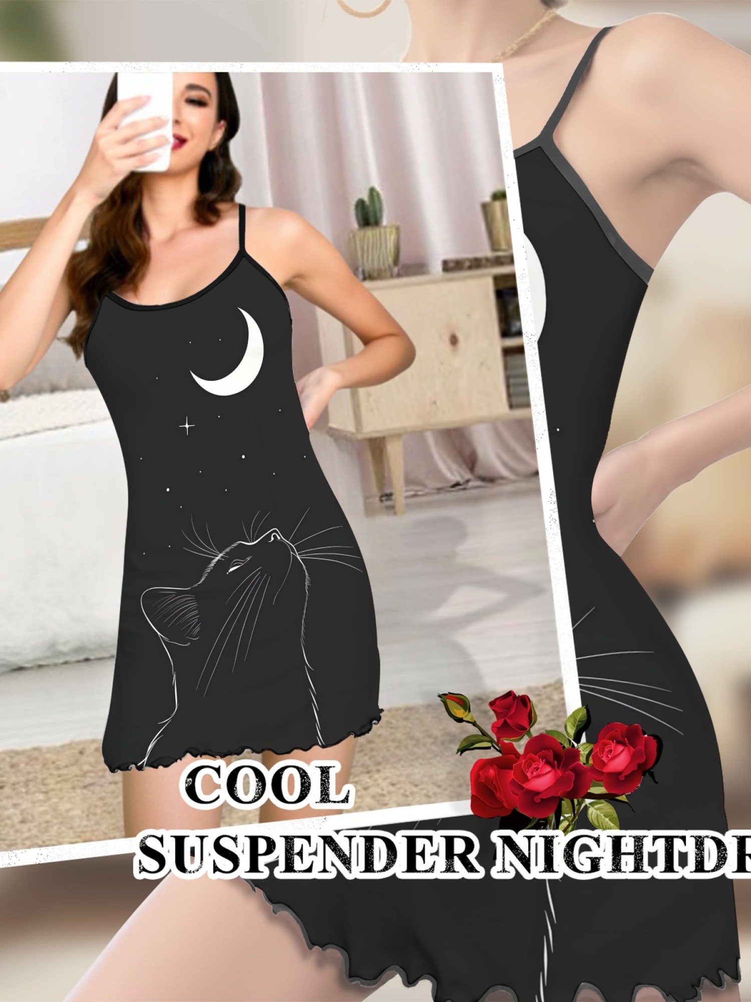 Ladies Cat Print Cami Nightgown with Star and Moon Design, Soft Stretch Fabric for Year-Round Comfort, Sexy Sleepwear with Sweet Style