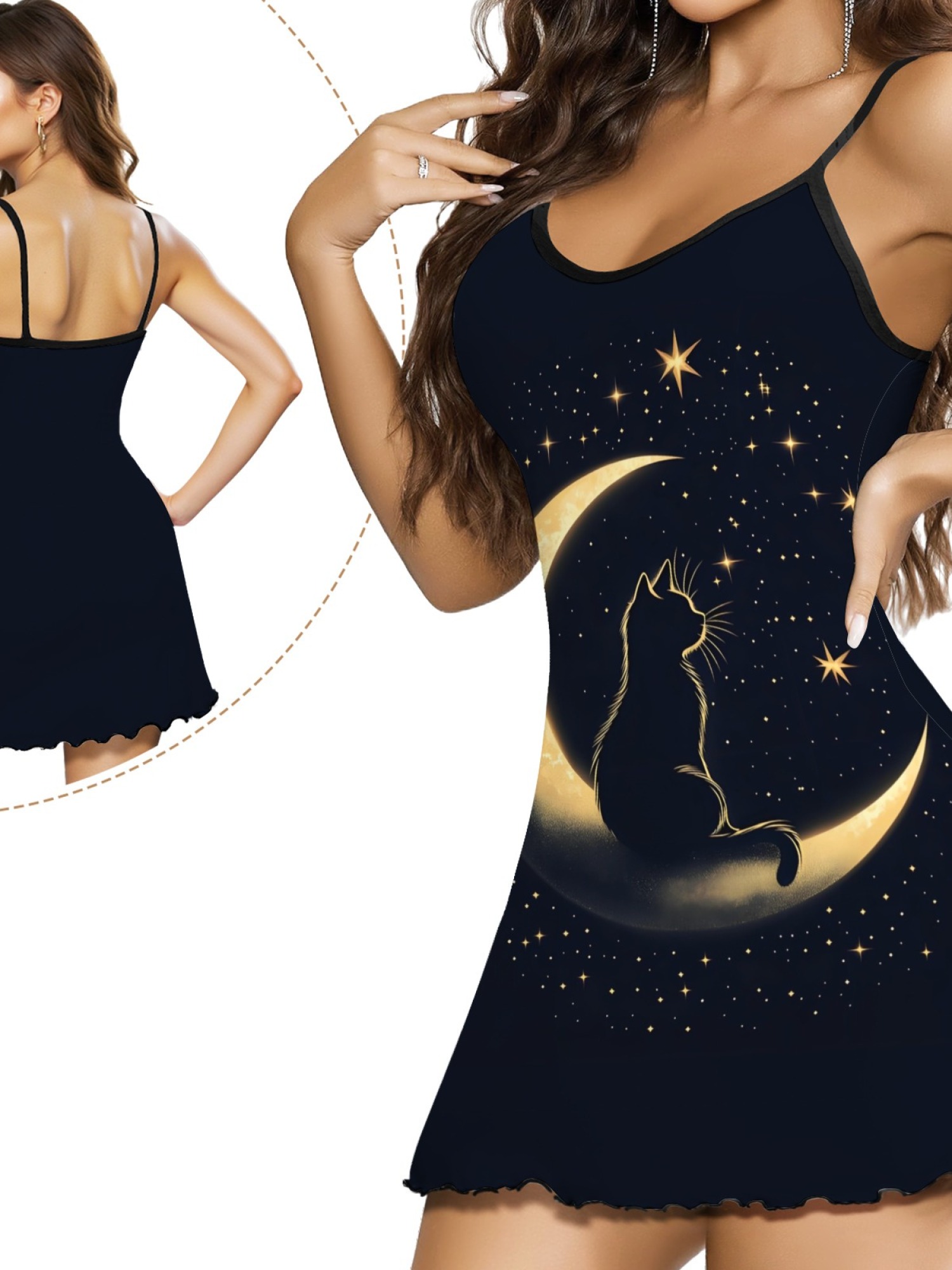 Ladies Cat Print Cami Nightgown with Star and Moon Design, Soft Stretch Fabric for Year-Round Comfort, Sexy Sleepwear with Sweet Style