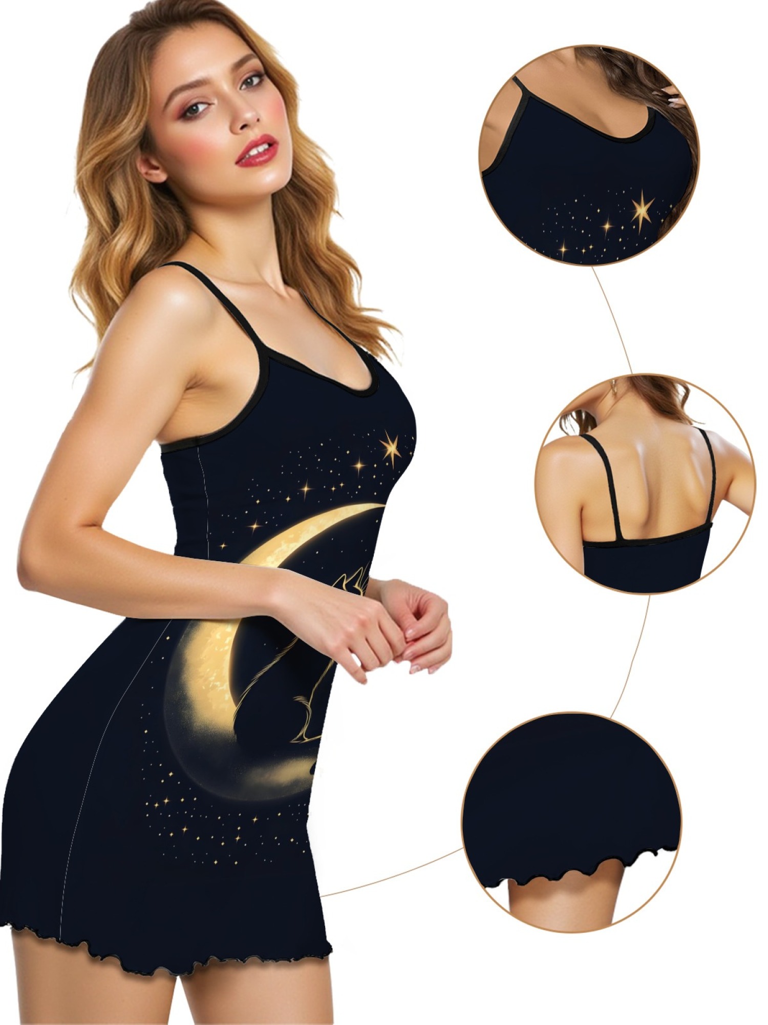 Ladies Cat Print Cami Nightgown with Star and Moon Design, Soft Stretch Fabric for Year-Round Comfort, Sexy Sleepwear with Sweet Style