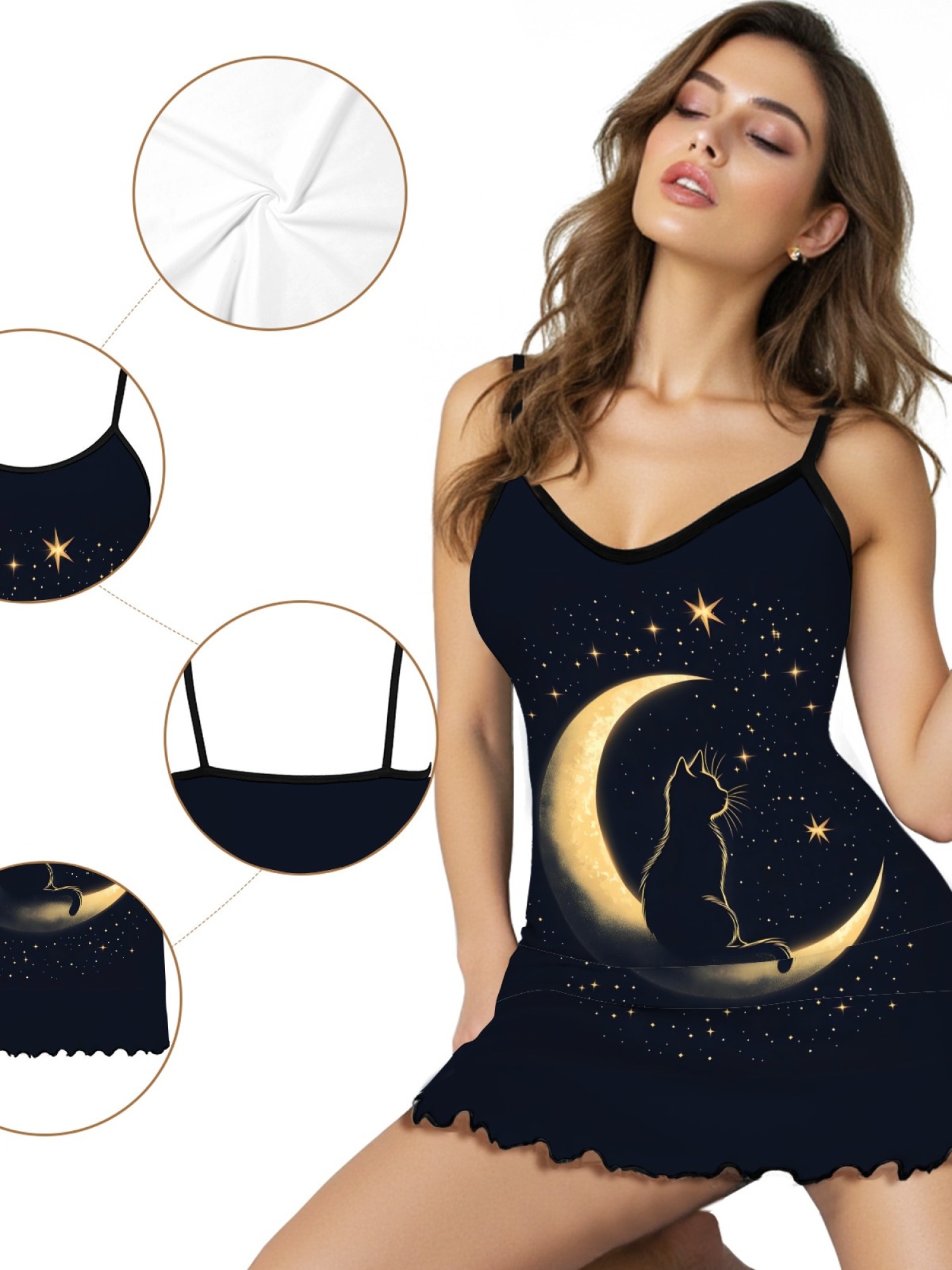 Ladies Cat Print Cami Nightgown with Star and Moon Design, Soft Stretch Fabric for Year-Round Comfort, Sexy Sleepwear with Sweet Style