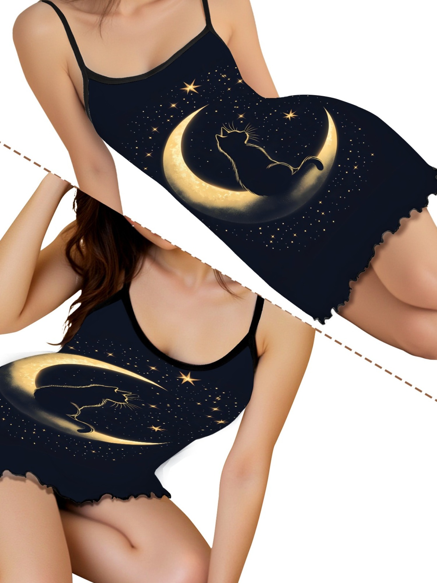 Ladies Cat Print Cami Nightgown with Star and Moon Design, Soft Stretch Fabric for Year-Round Comfort, Sexy Sleepwear with Sweet Style