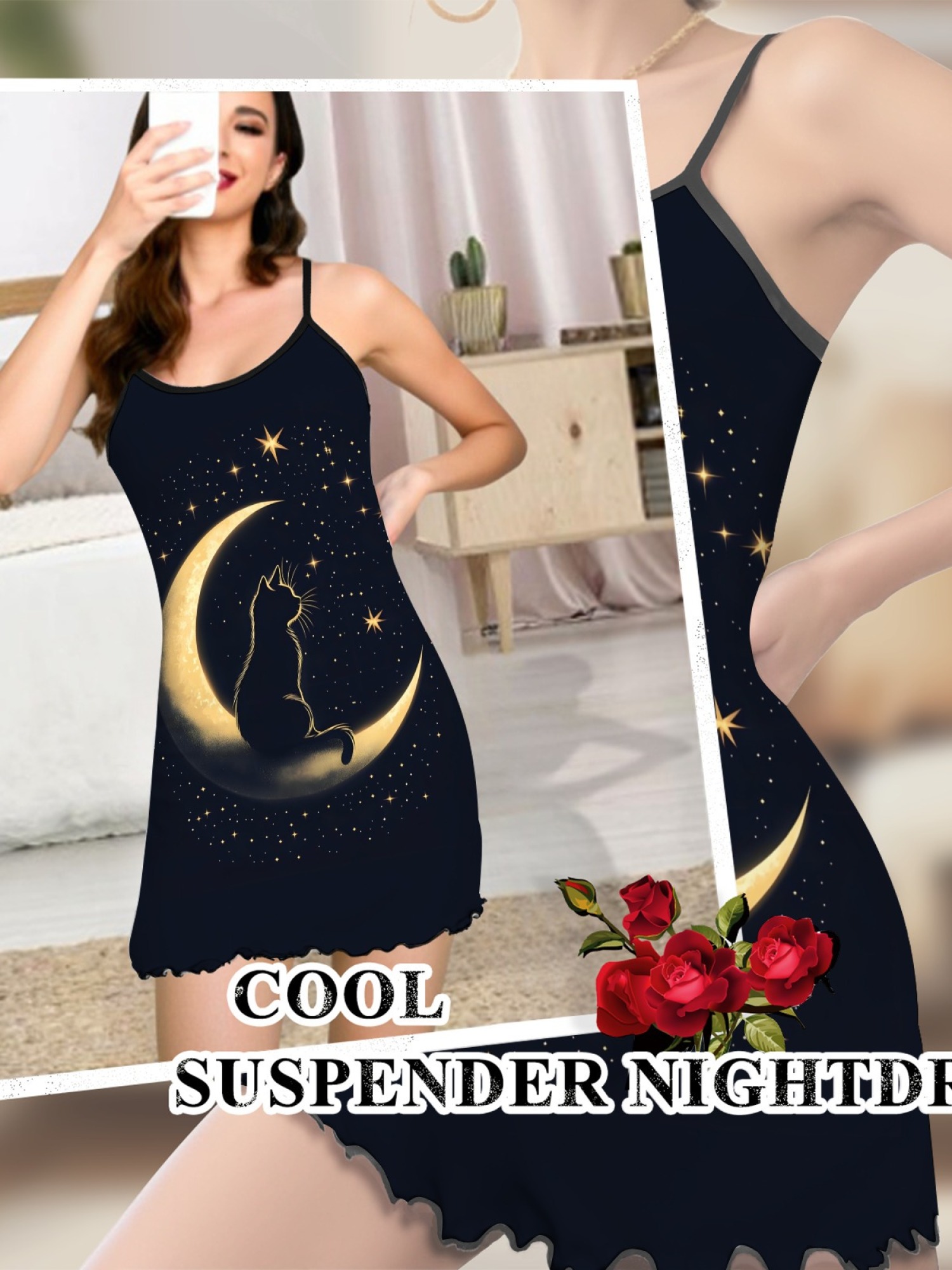 Ladies Cat Print Cami Nightgown with Star and Moon Design, Soft Stretch Fabric for Year-Round Comfort, Sexy Sleepwear with Sweet Style