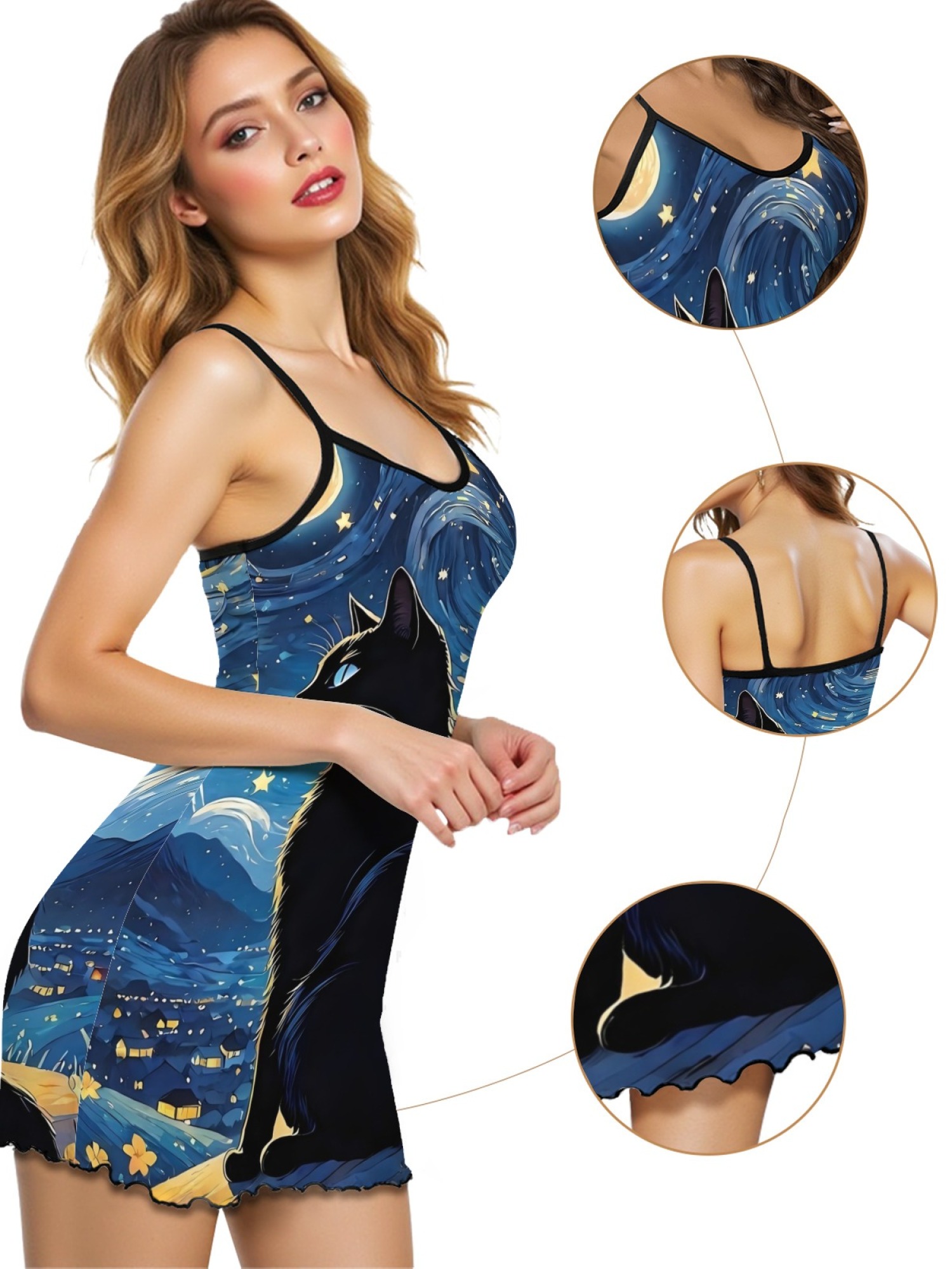 Women's Impressionist Cat Starry Sky Printed Sleep Dress, Sexy Camisole Nightgown for Spring and Summer, Cute Breathable Homewear