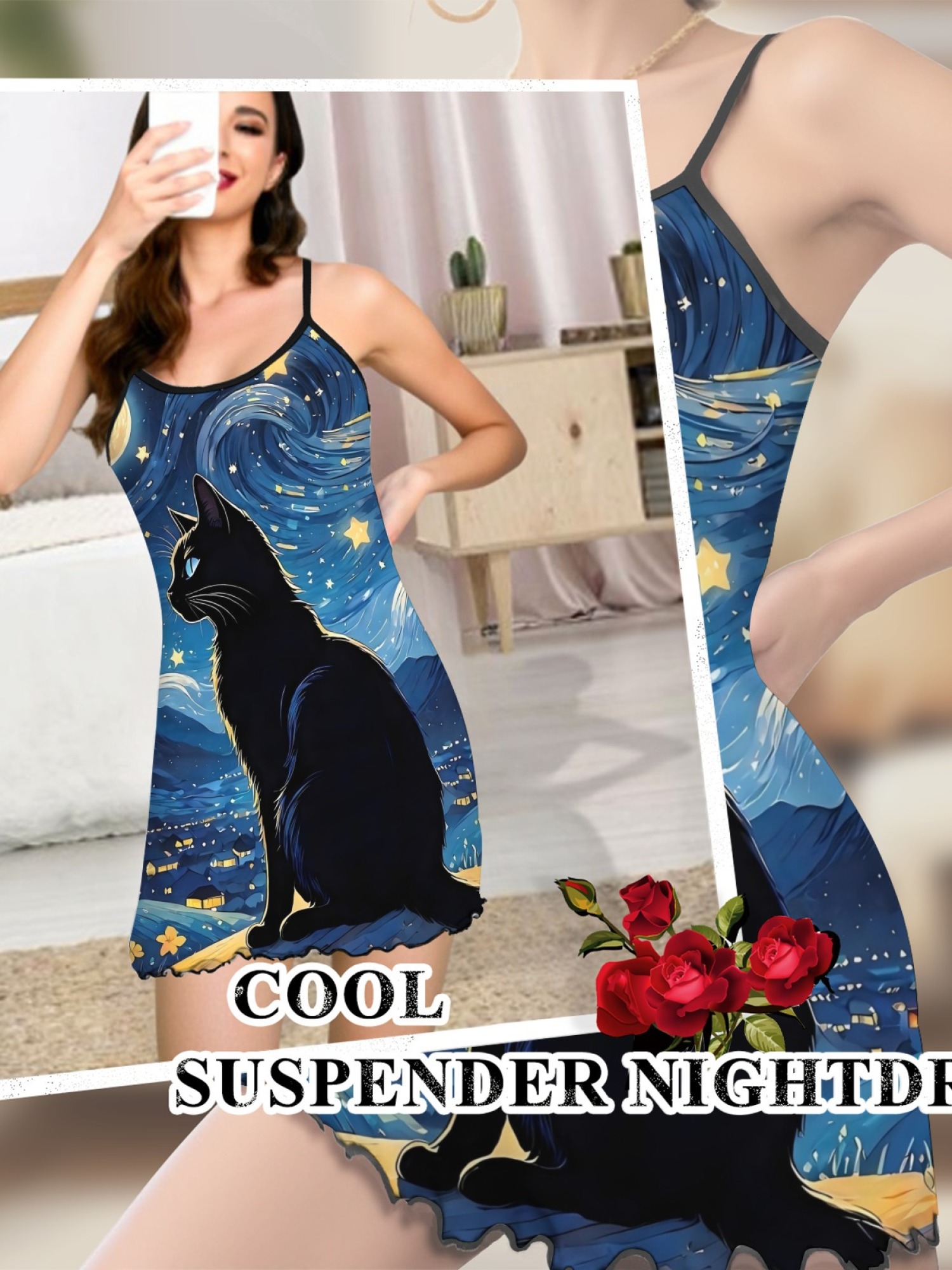 Women's Impressionist Cat Starry Sky Printed Sleep Dress, Sexy Camisole Nightgown for Spring and Summer, Cute Breathable Homewear