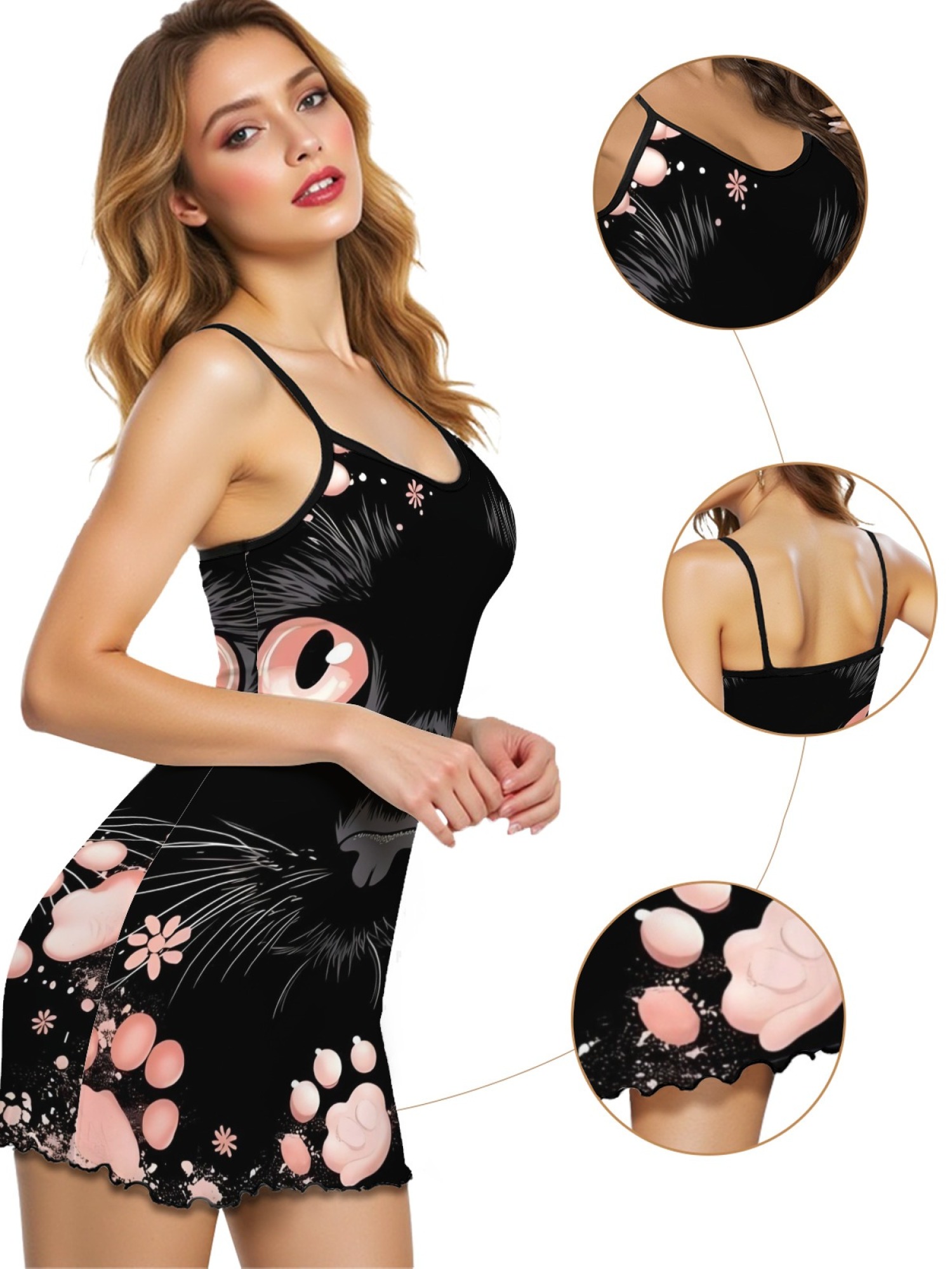 Women's Black Cat Graphic Slip Dress Collection - Hearts, Roses & Goth Styles | Funny Valentine's Sleepwear