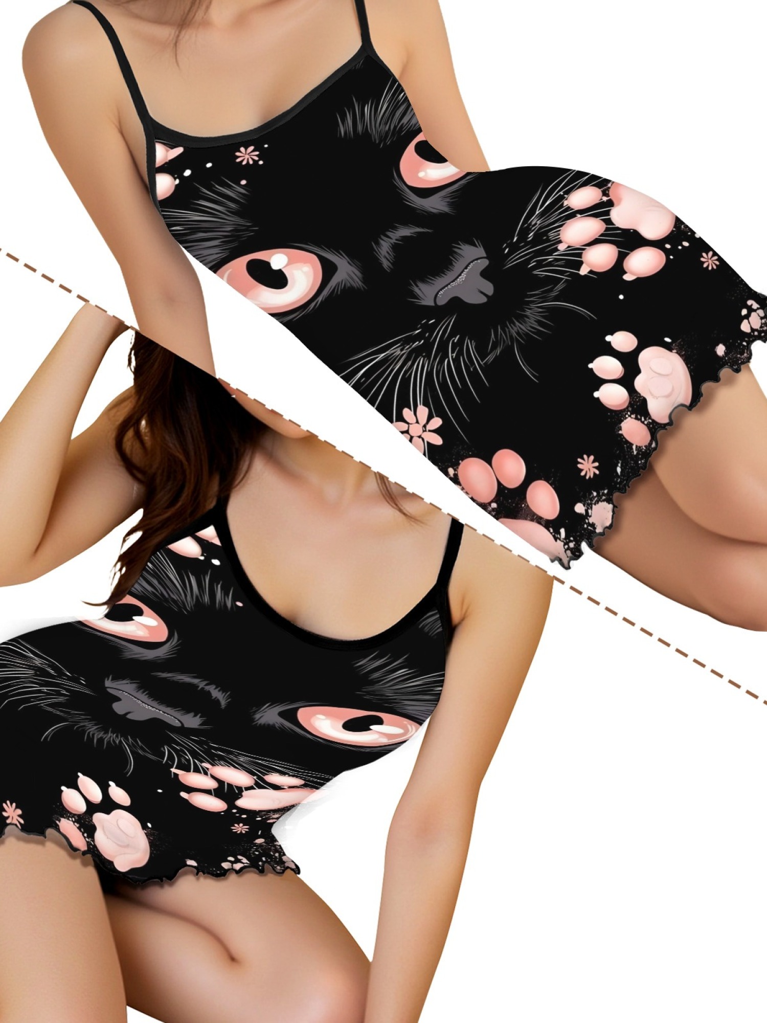 Women's Black Cat Graphic Slip Dress Collection - Hearts, Roses & Goth Styles | Funny Valentine's Sleepwear