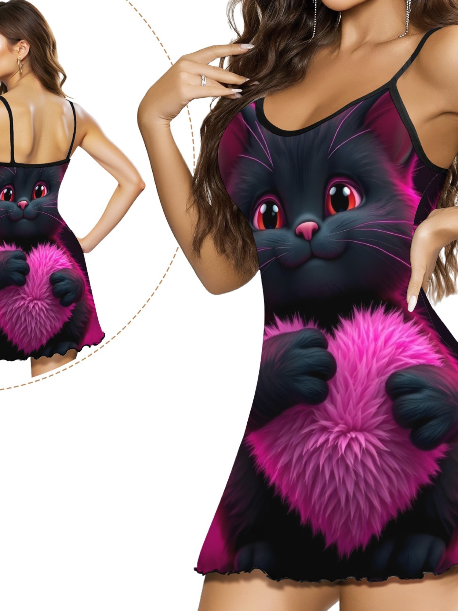 Women's Black Cat Graphic Slip Dress Collection - Hearts, Roses & Goth Styles | Funny Valentine's Sleepwear