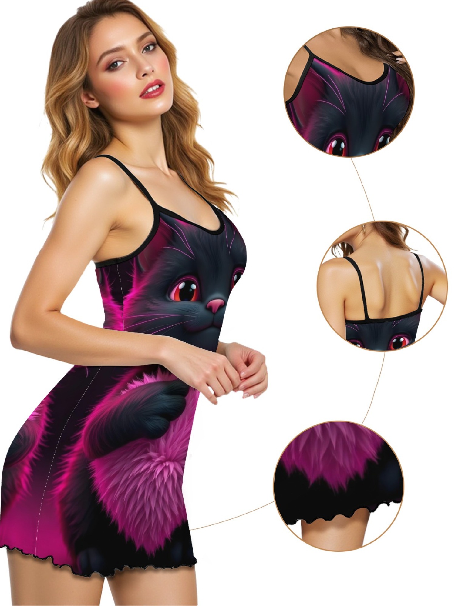 Women's Black Cat Graphic Slip Dress Collection - Hearts, Roses & Goth Styles | Funny Valentine's Sleepwear