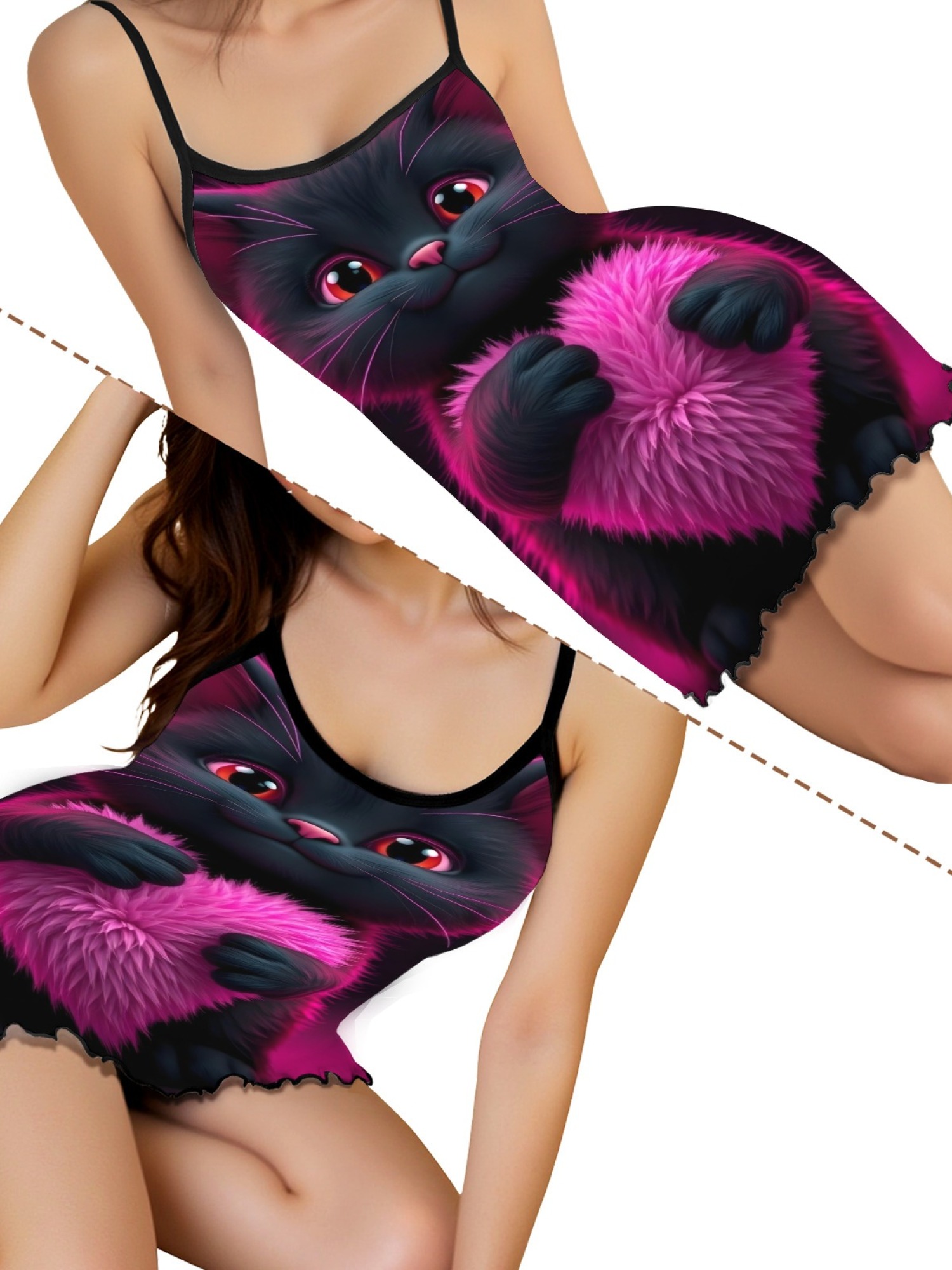 Women's Black Cat Graphic Slip Dress Collection - Hearts, Roses & Goth Styles | Funny Valentine's Sleepwear