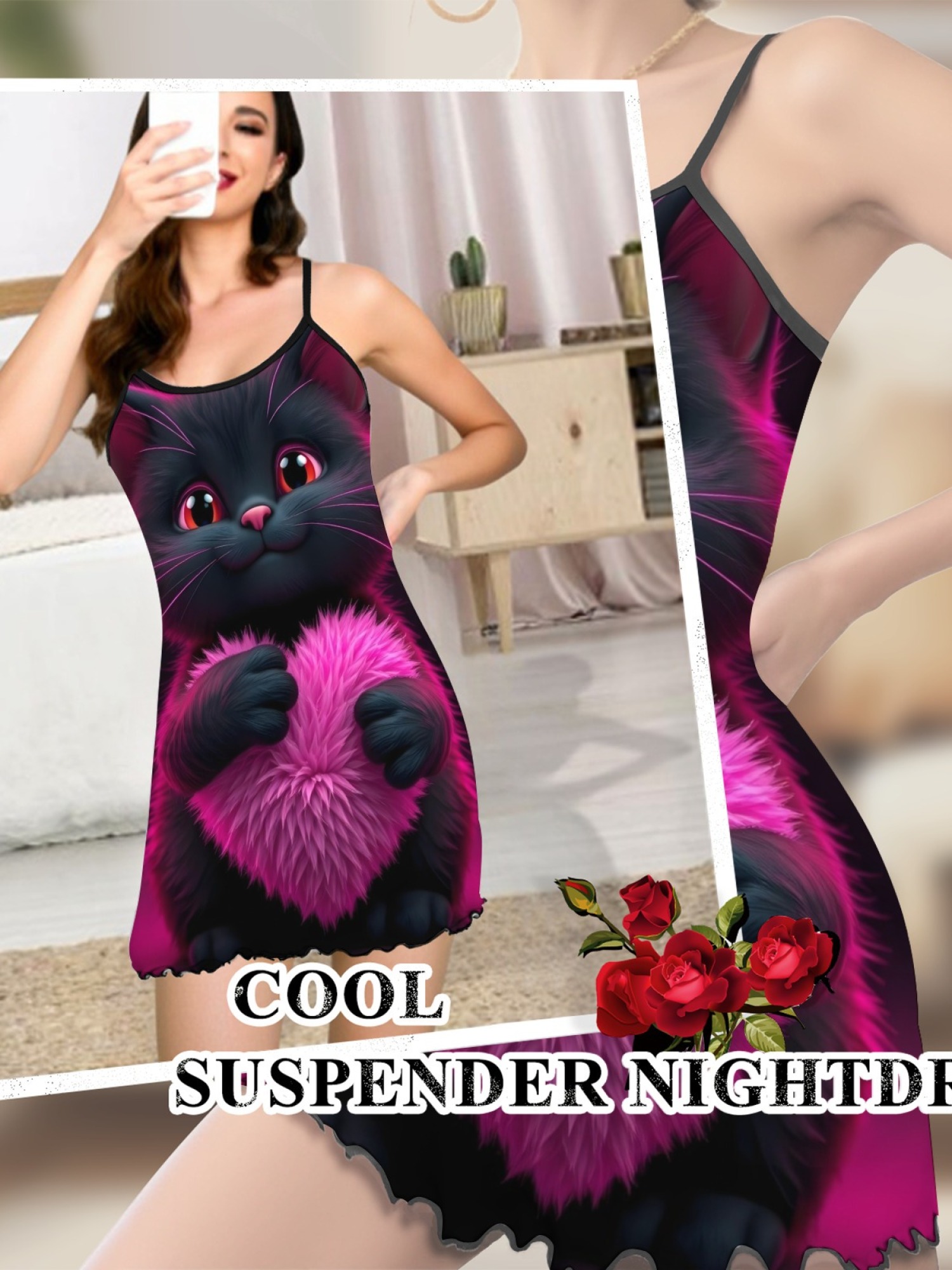 Women's Black Cat Graphic Slip Dress Collection - Hearts, Roses & Goth Styles | Funny Valentine's Sleepwear