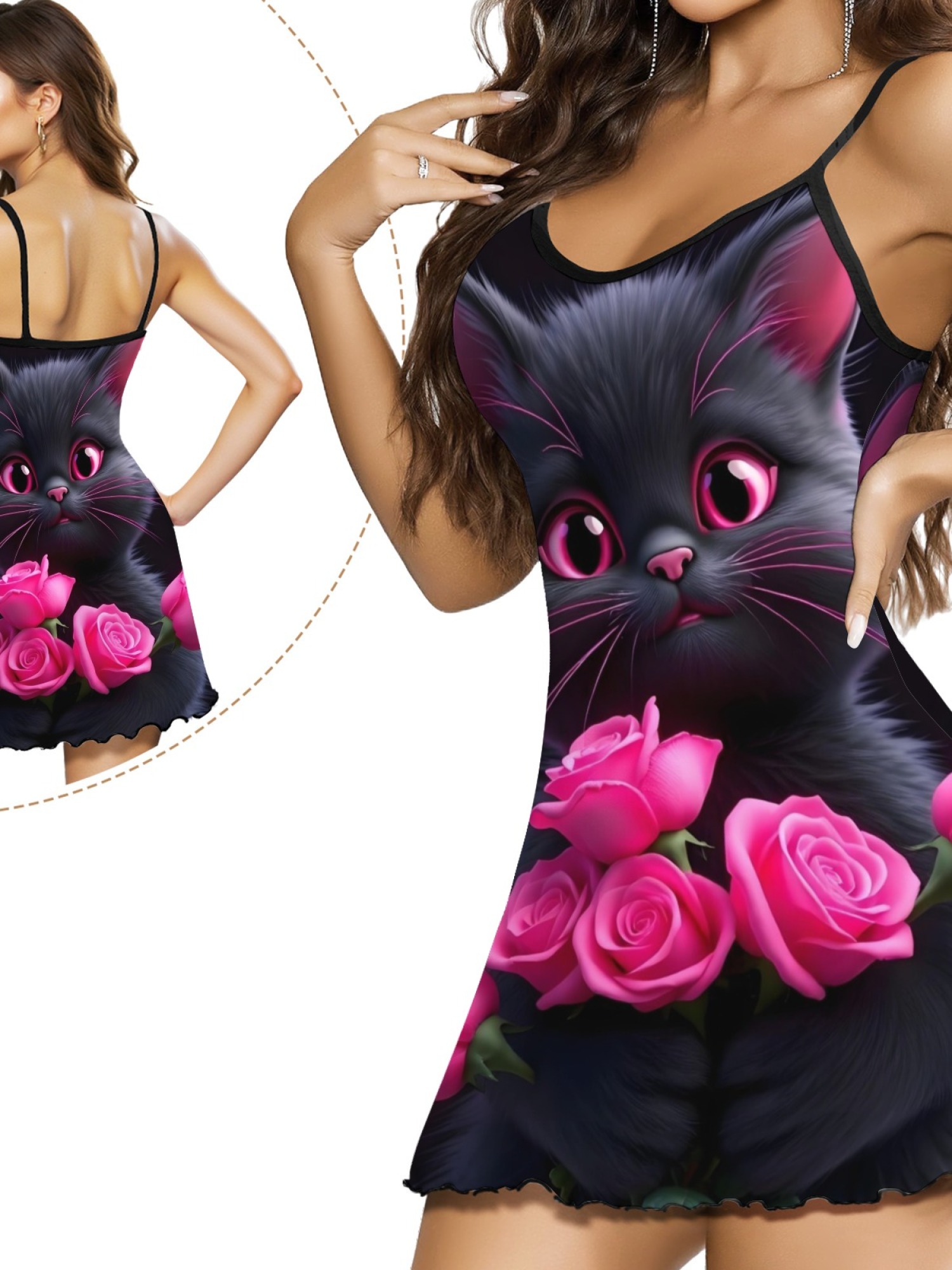 Women's Black Cat Graphic Slip Dress Collection - Hearts, Roses & Goth Styles | Funny Valentine's Sleepwear