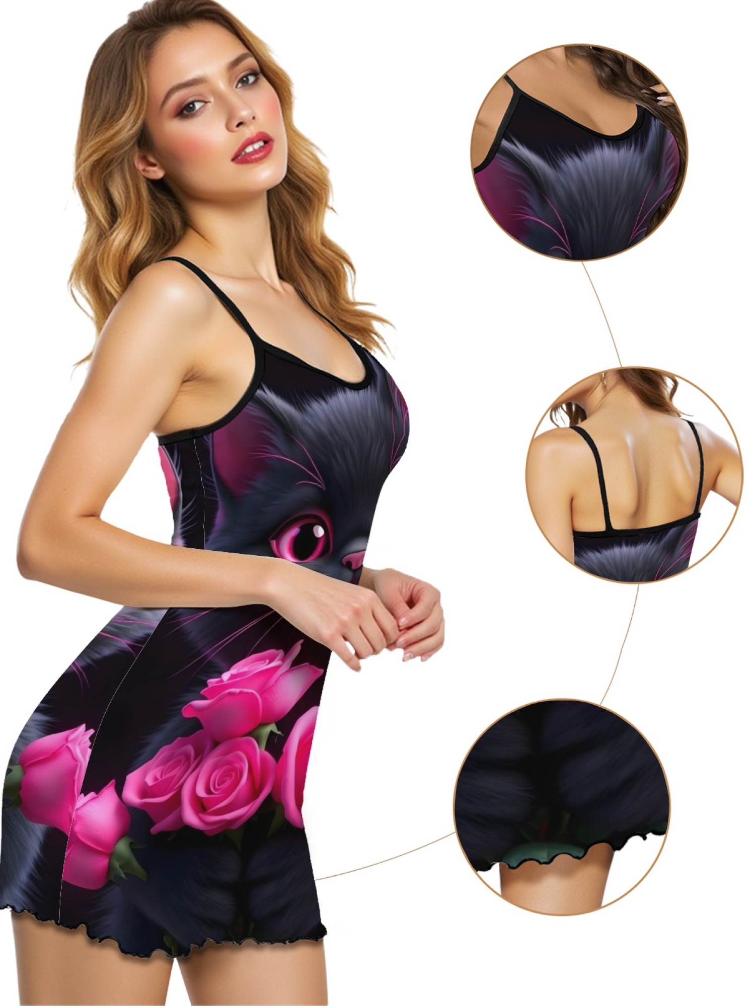 Women's Black Cat Graphic Slip Dress Collection - Hearts, Roses & Goth Styles | Funny Valentine's Sleepwear