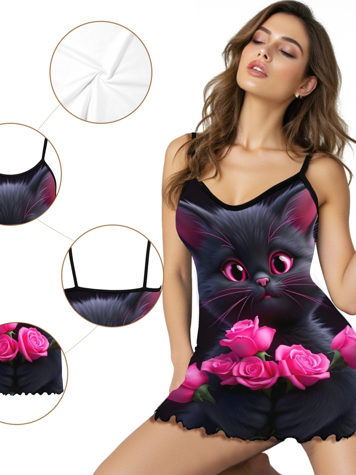 Women's Black Cat Graphic Slip Dress Collection - Hearts, Roses & Goth Styles | Funny Valentine's Sleepwear