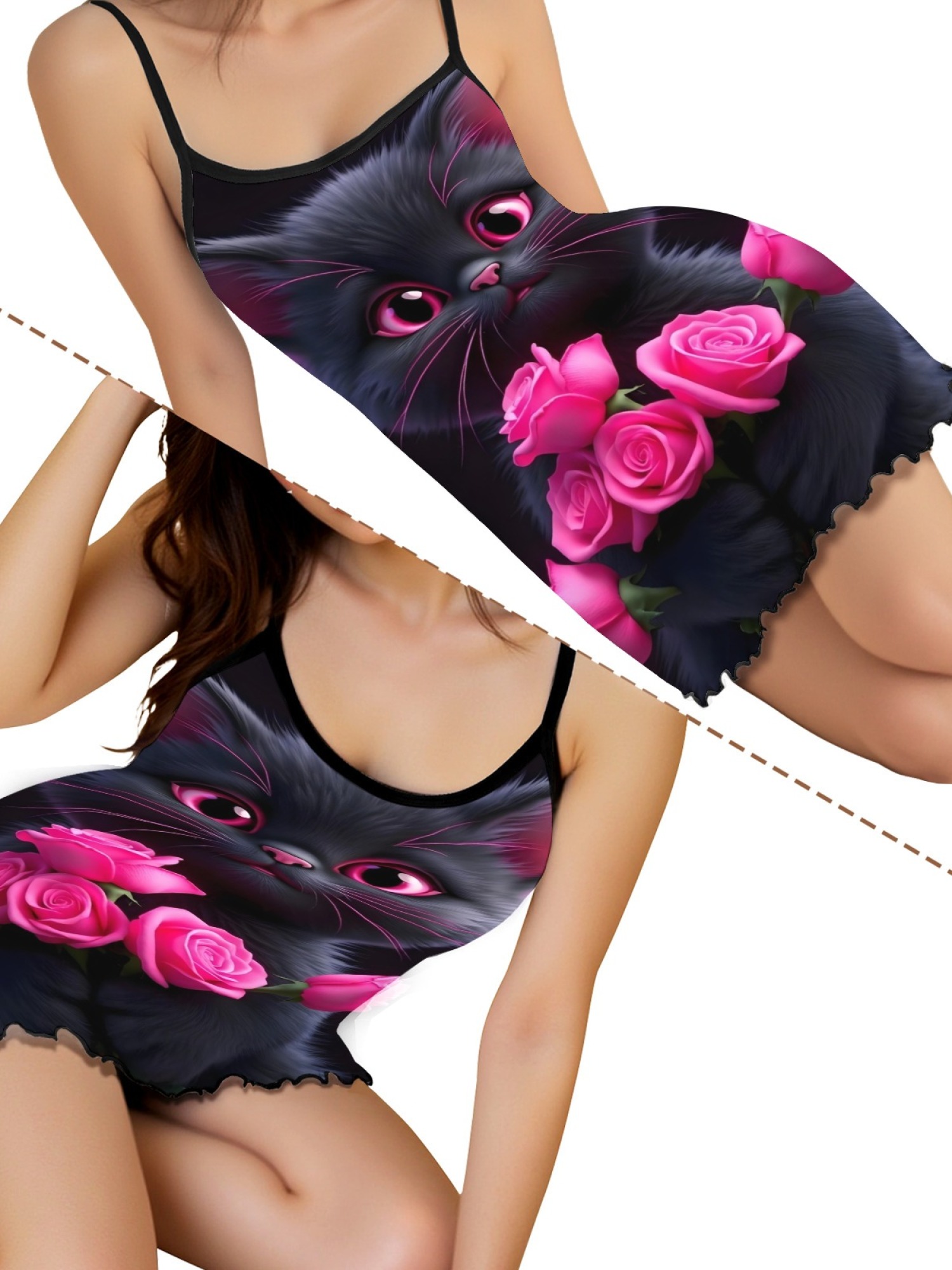 Women's Black Cat Graphic Slip Dress Collection - Hearts, Roses & Goth Styles | Funny Valentine's Sleepwear