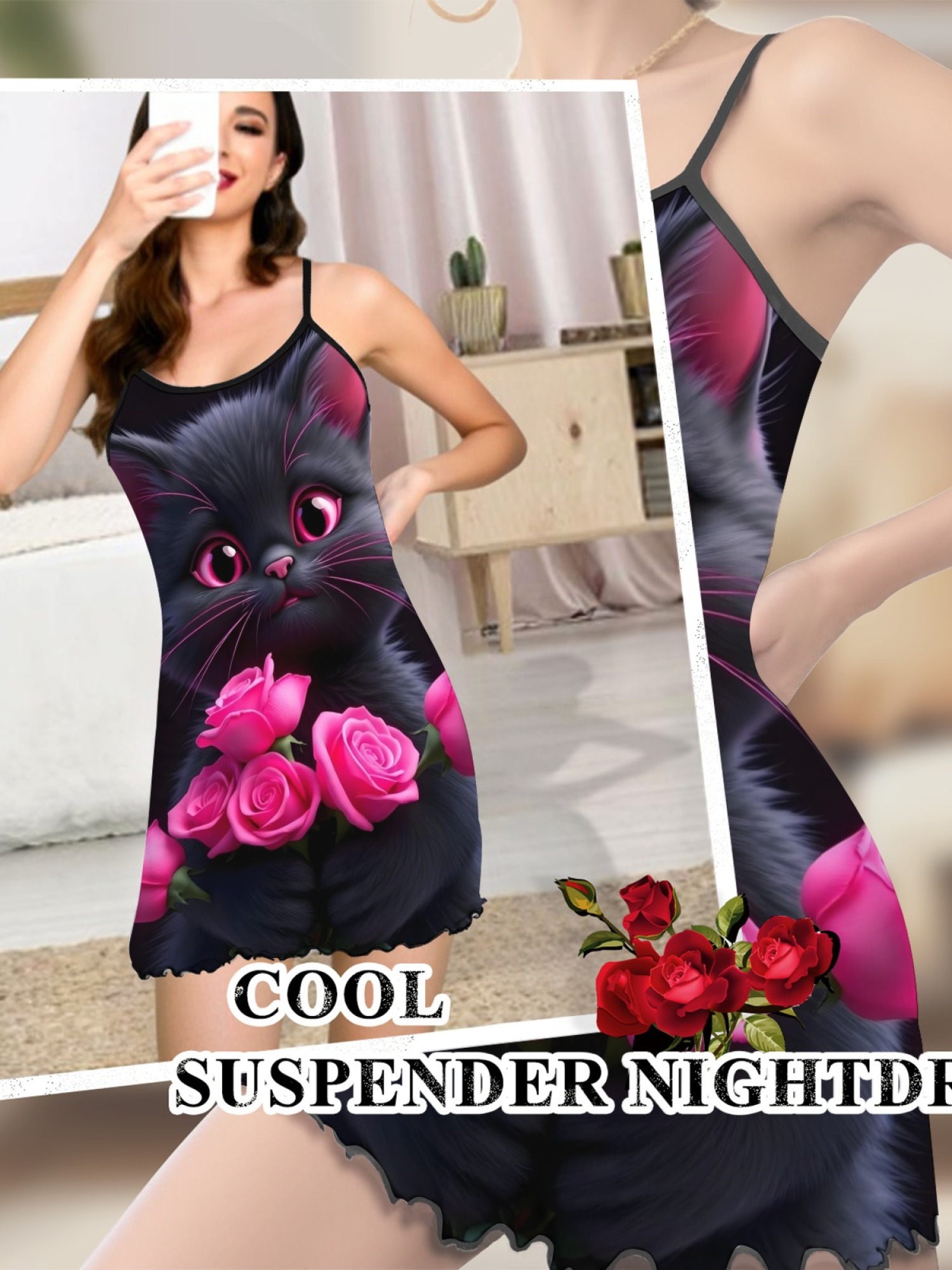 Women's Black Cat Graphic Slip Dress Collection - Hearts, Roses & Goth Styles | Funny Valentine's Sleepwear