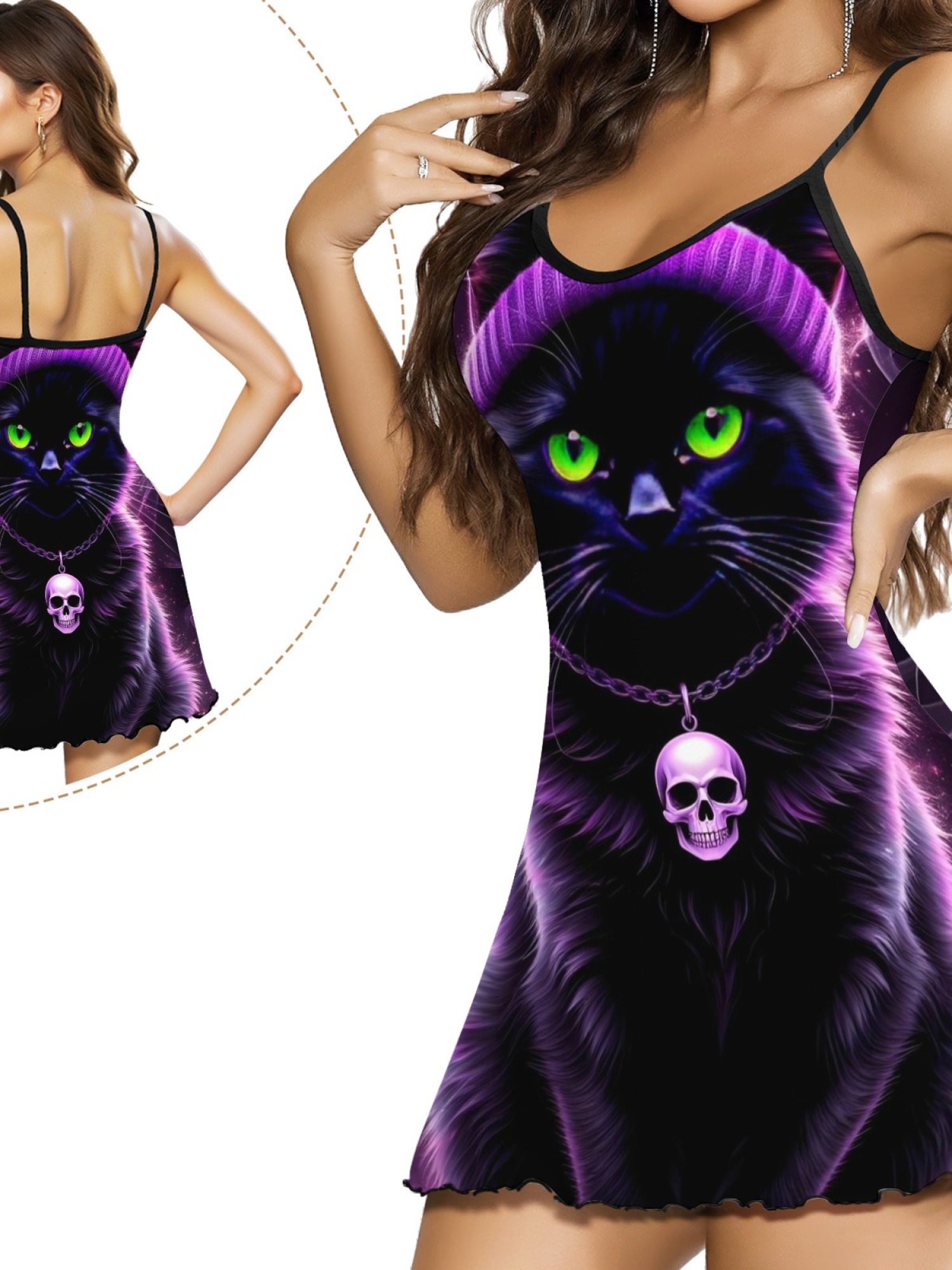 Women's Black Cat Graphic Slip Dress Collection - Hearts, Roses & Goth Styles | Funny Valentine's Sleepwear