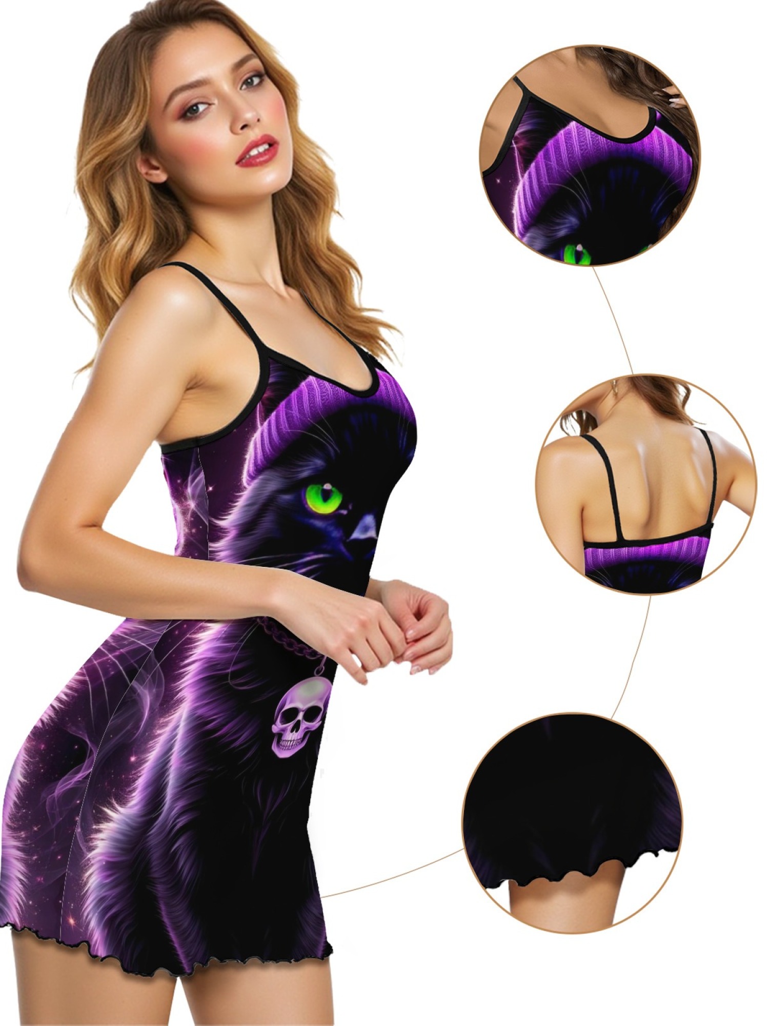 Women's Black Cat Graphic Slip Dress Collection - Hearts, Roses & Goth Styles | Funny Valentine's Sleepwear