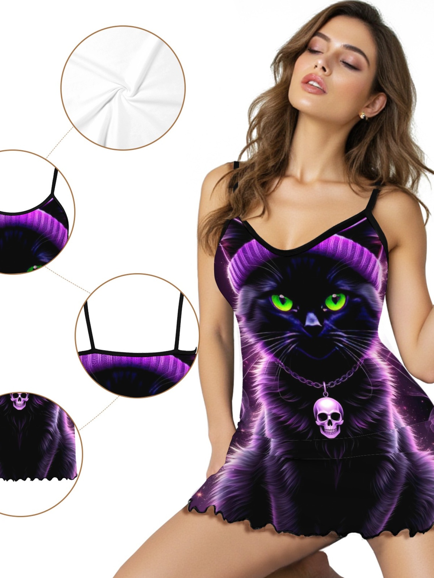Women's Black Cat Graphic Slip Dress Collection - Hearts, Roses & Goth Styles | Funny Valentine's Sleepwear