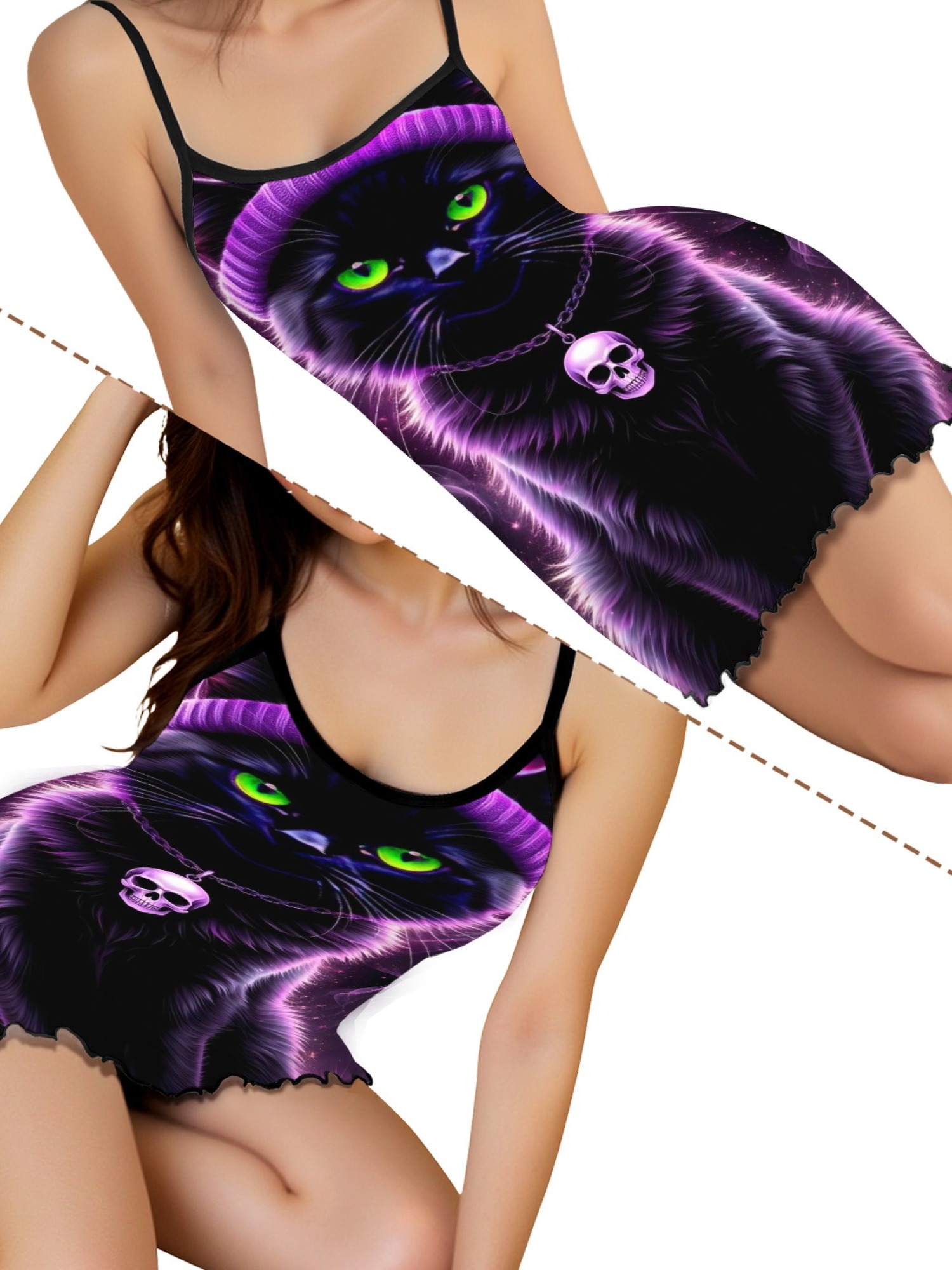 Women's Black Cat Graphic Slip Dress Collection - Hearts, Roses & Goth Styles | Funny Valentine's Sleepwear