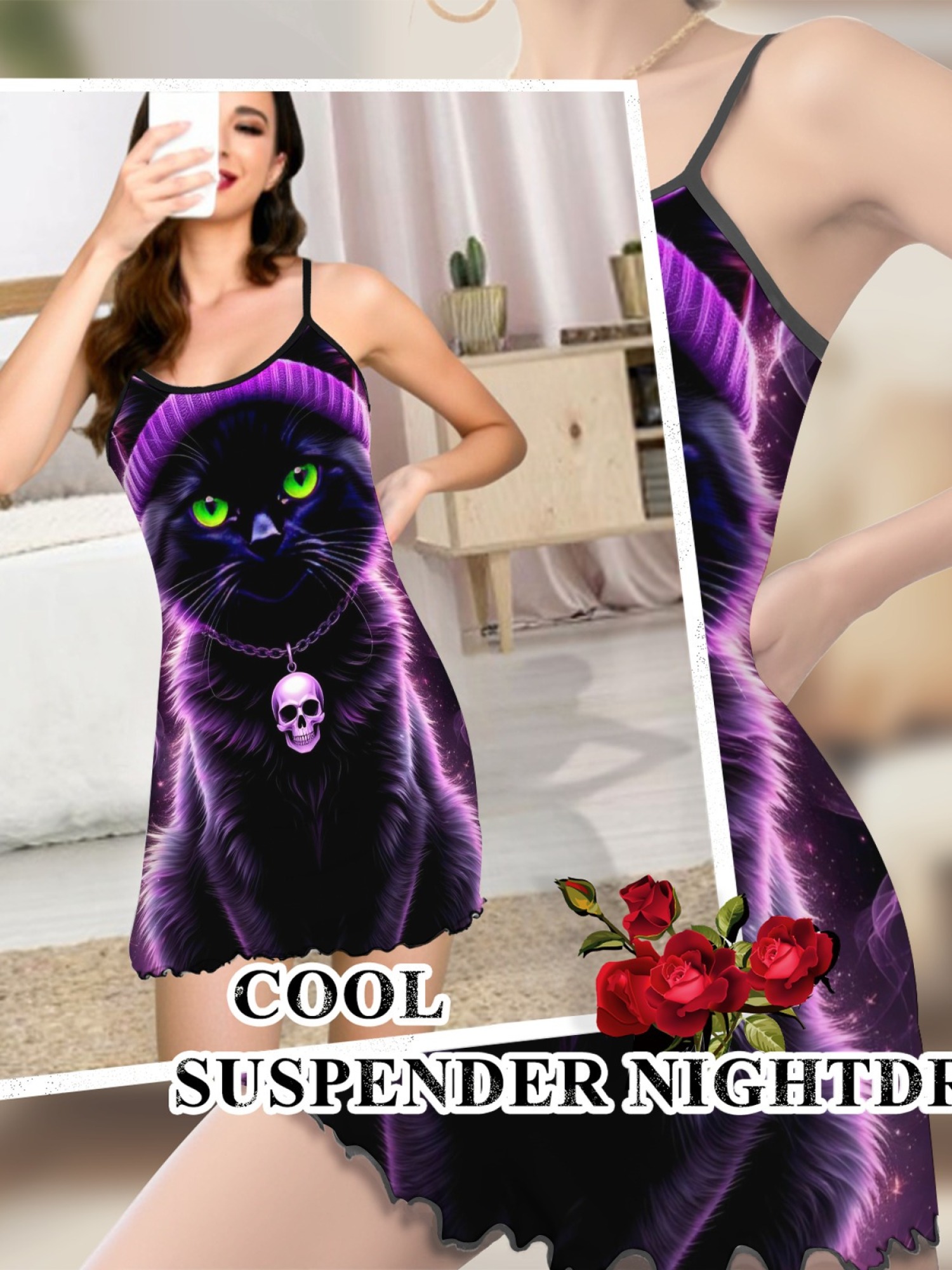 Women's Black Cat Graphic Slip Dress Collection - Hearts, Roses & Goth Styles | Funny Valentine's Sleepwear