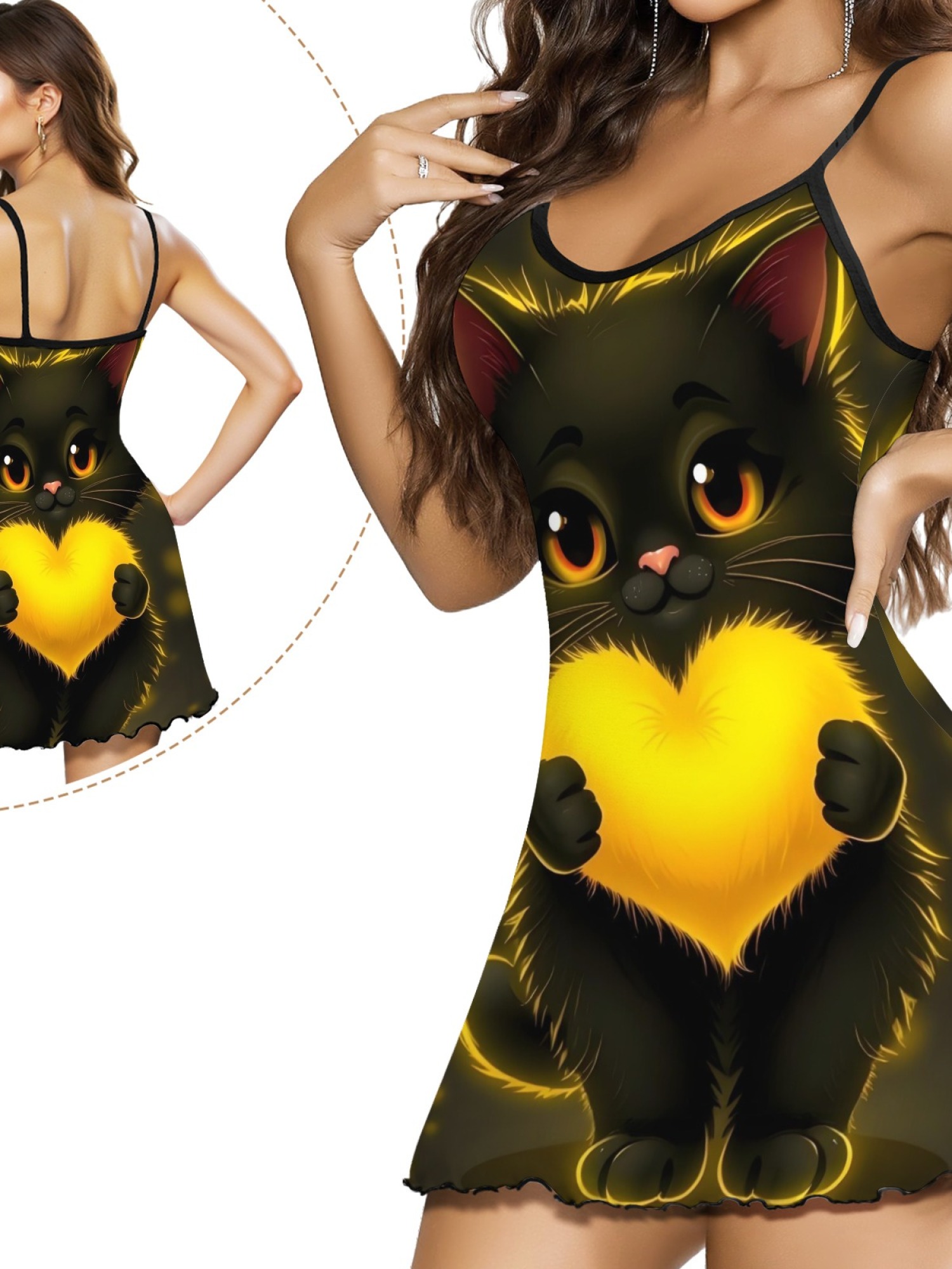 Women's Black Cat Graphic Slip Dress Collection - Hearts, Roses & Goth Styles | Funny Valentine's Sleepwear