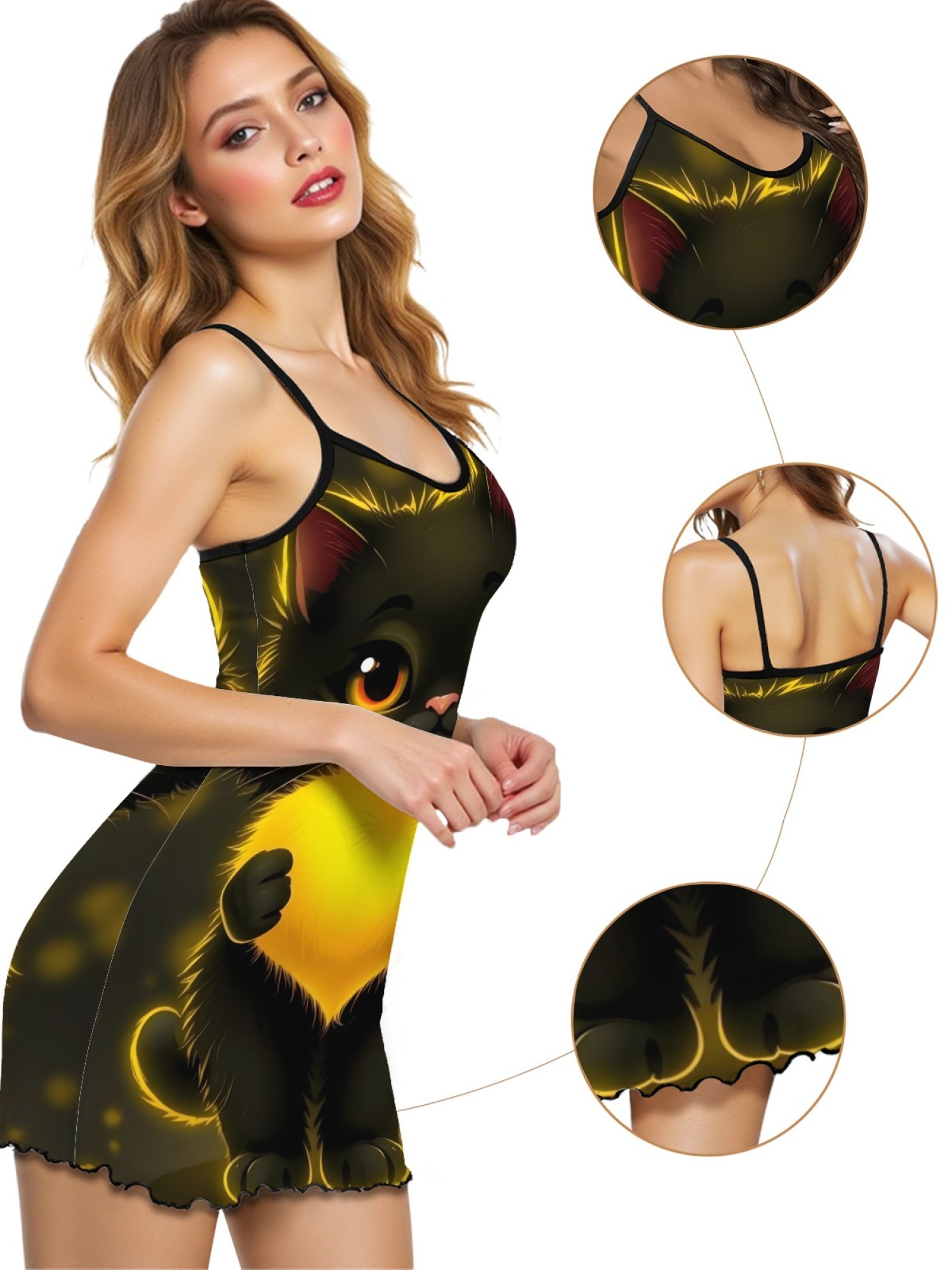 Women's Black Cat Graphic Slip Dress Collection - Hearts, Roses & Goth Styles | Funny Valentine's Sleepwear