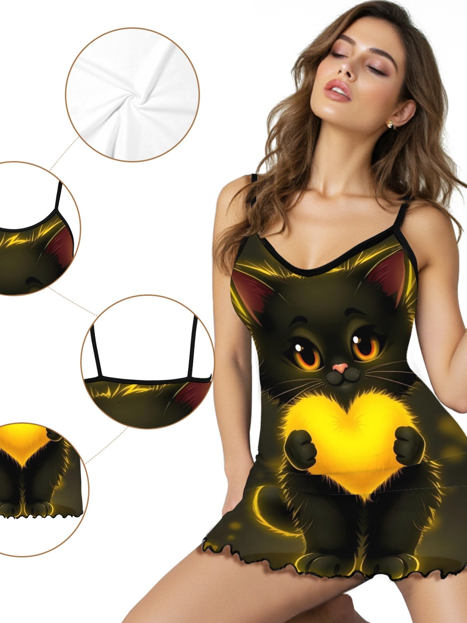 Women's Black Cat Graphic Slip Dress Collection - Hearts, Roses & Goth Styles | Funny Valentine's Sleepwear
