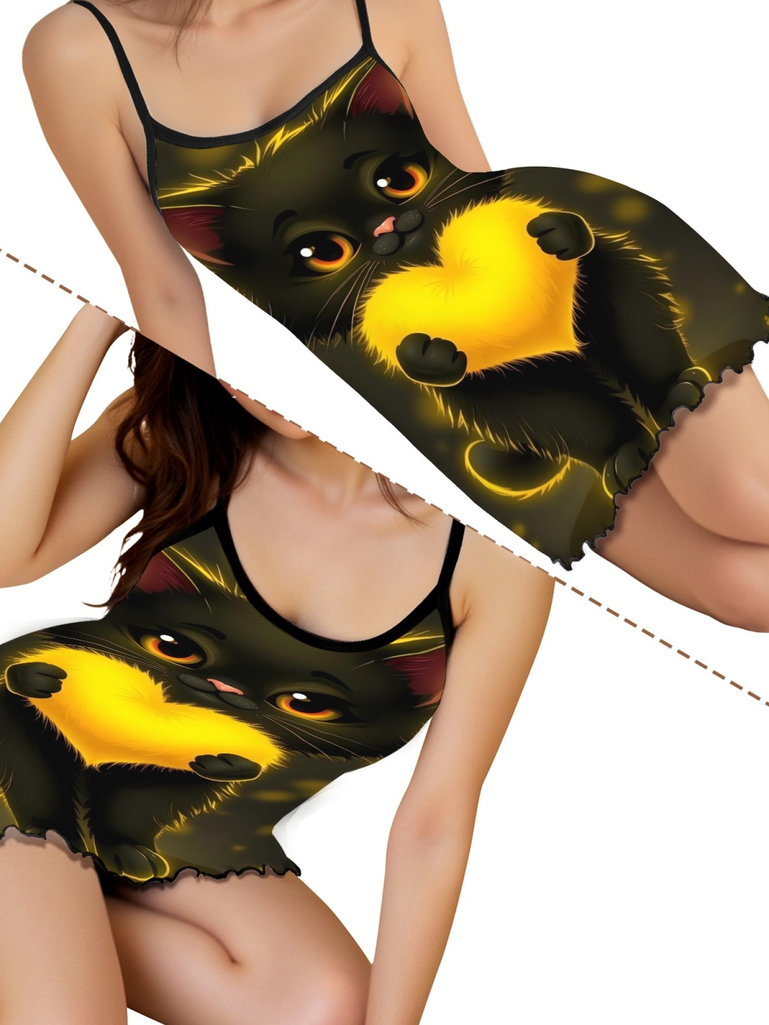 Women's Black Cat Graphic Slip Dress Collection - Hearts, Roses & Goth Styles | Funny Valentine's Sleepwear