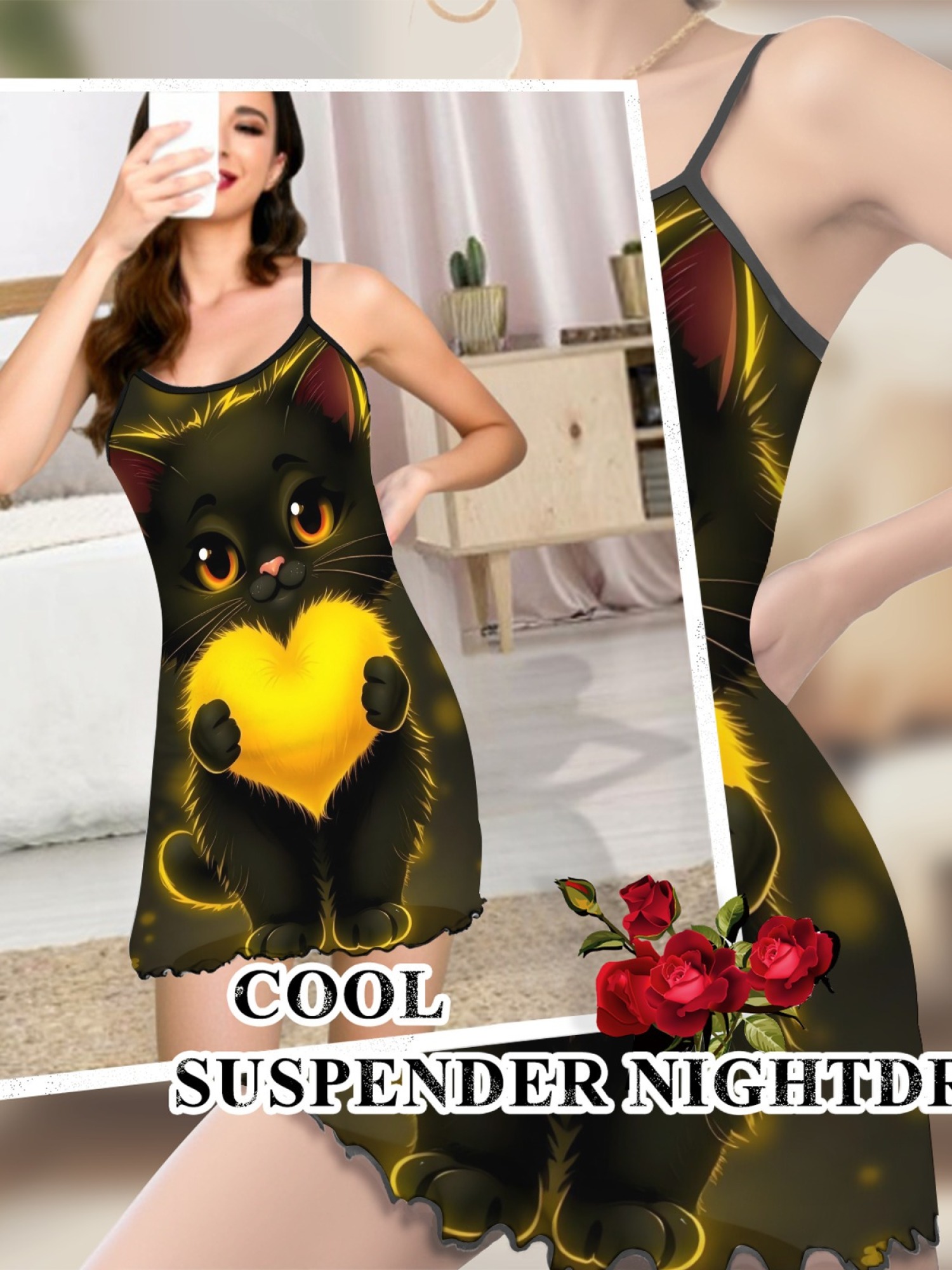 Women's Black Cat Graphic Slip Dress Collection - Hearts, Roses & Goth Styles | Funny Valentine's Sleepwear