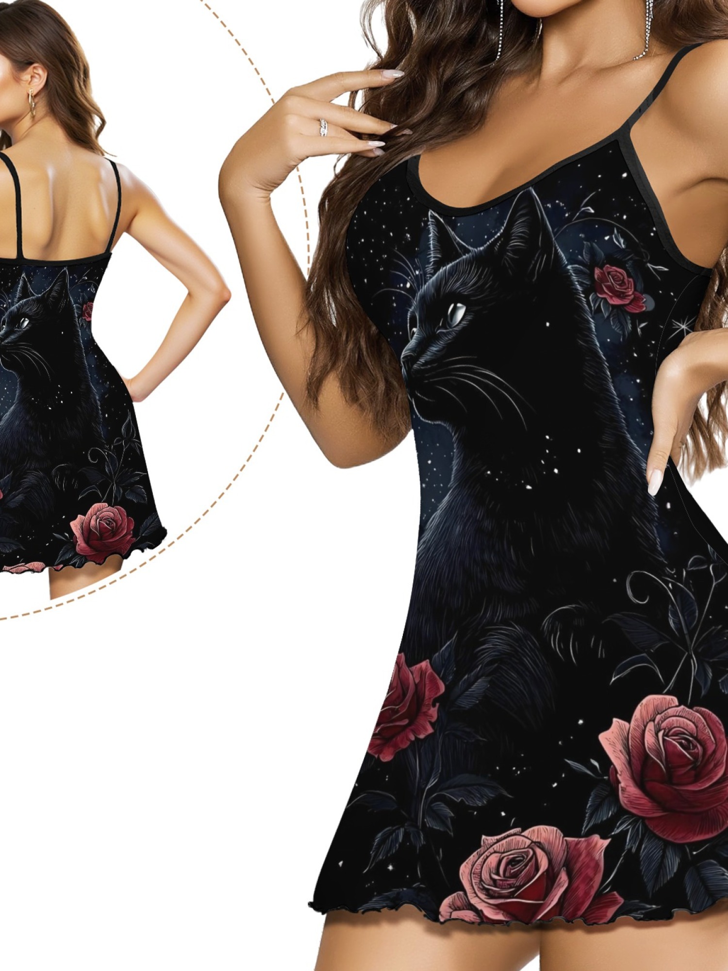 Women's Black Cat Graphic Slip Dress Collection - Hearts, Roses & Goth Styles | Funny Valentine's Sleepwear