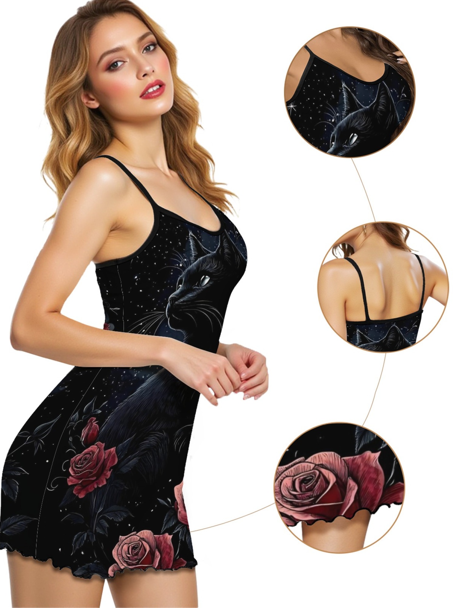 Women's Black Cat Graphic Slip Dress Collection - Hearts, Roses & Goth Styles | Funny Valentine's Sleepwear