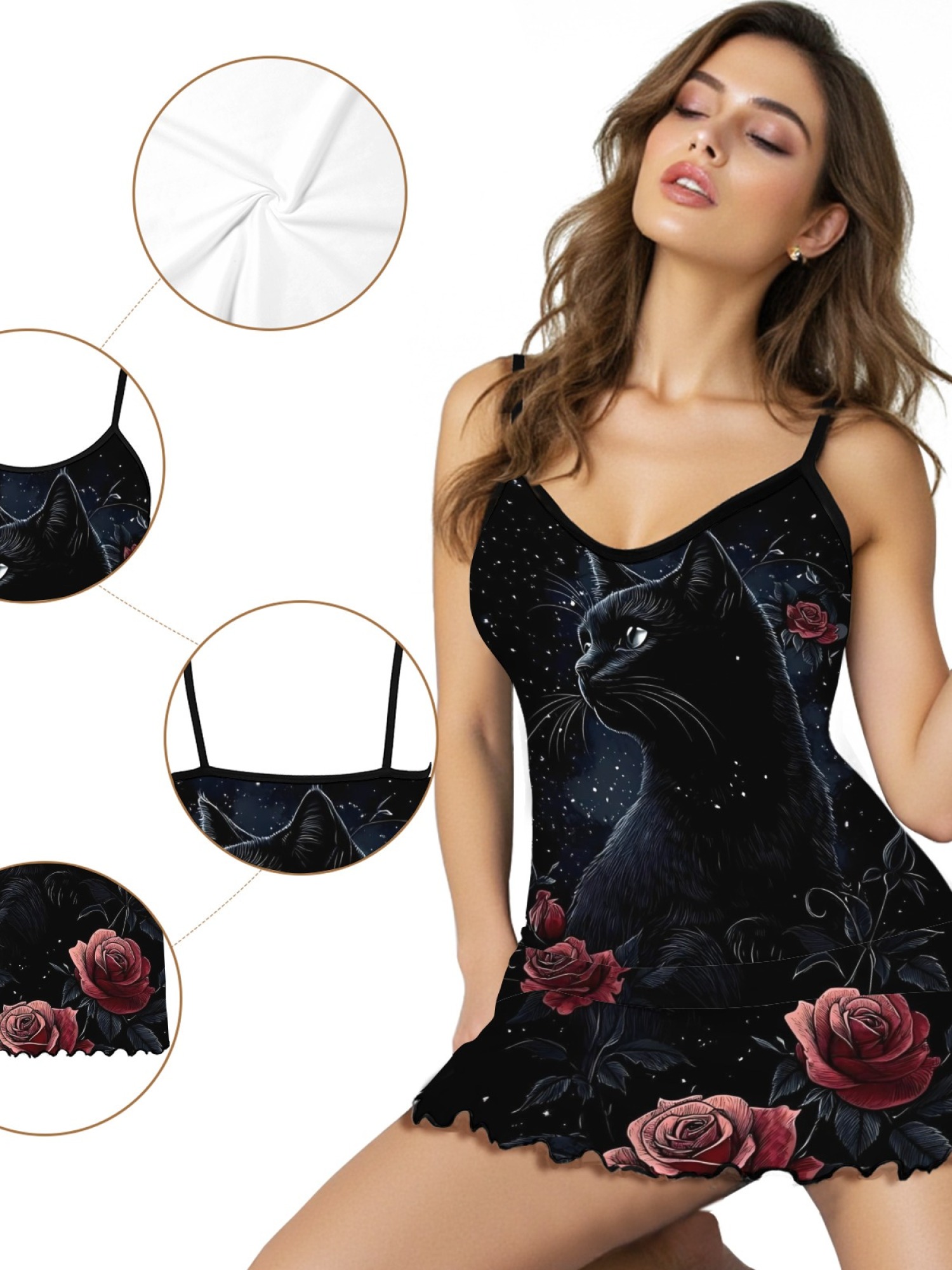 Women's Black Cat Graphic Slip Dress Collection - Hearts, Roses & Goth Styles | Funny Valentine's Sleepwear