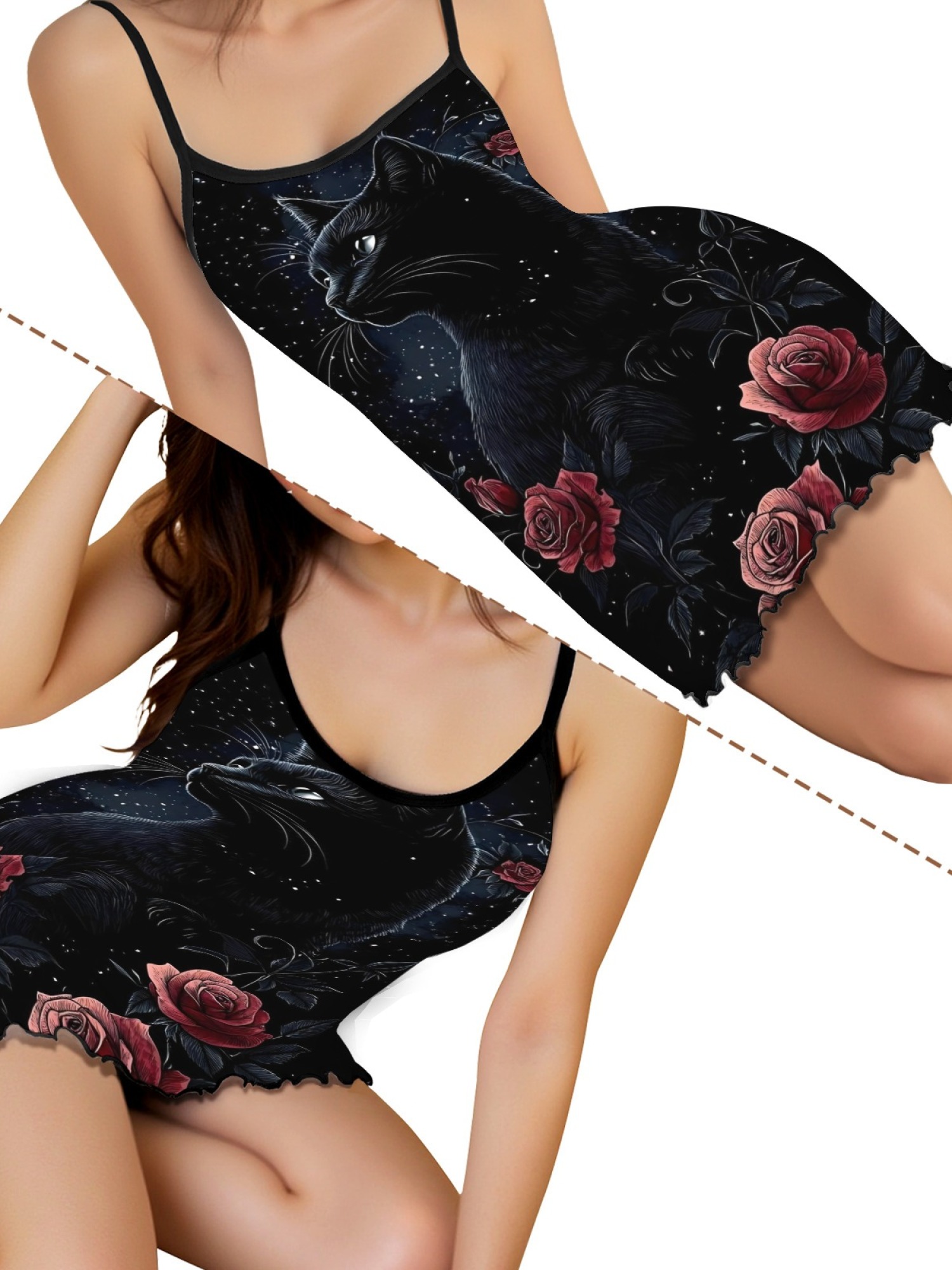 Women's Black Cat Graphic Slip Dress Collection - Hearts, Roses & Goth Styles | Funny Valentine's Sleepwear