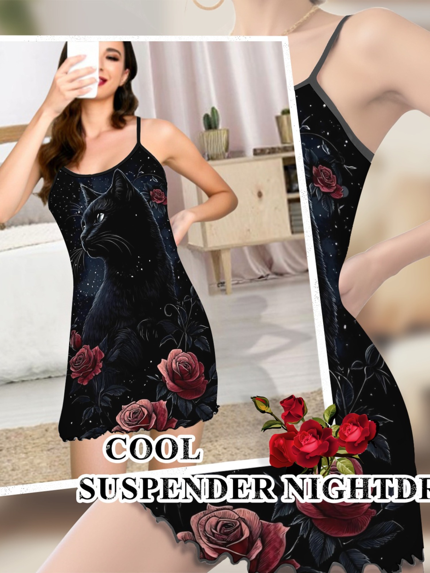 Women's Black Cat Graphic Slip Dress Collection - Hearts, Roses & Goth Styles | Funny Valentine's Sleepwear