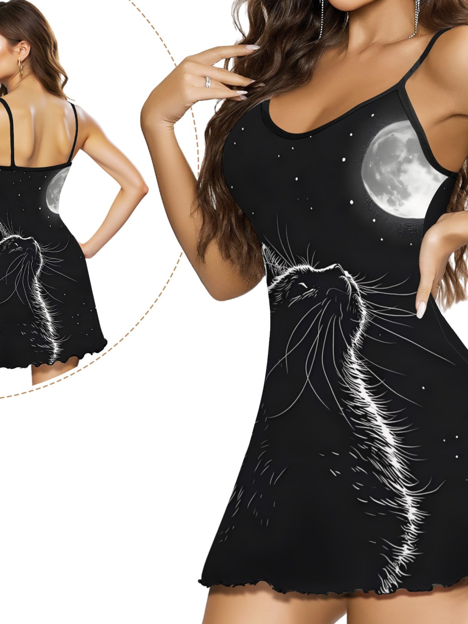 Ladies Cat Print Cami Nightgown with Star and Moon Design, Soft Stretch Fabric for Year-Round Comfort, Sexy Sleepwear with Sweet Style