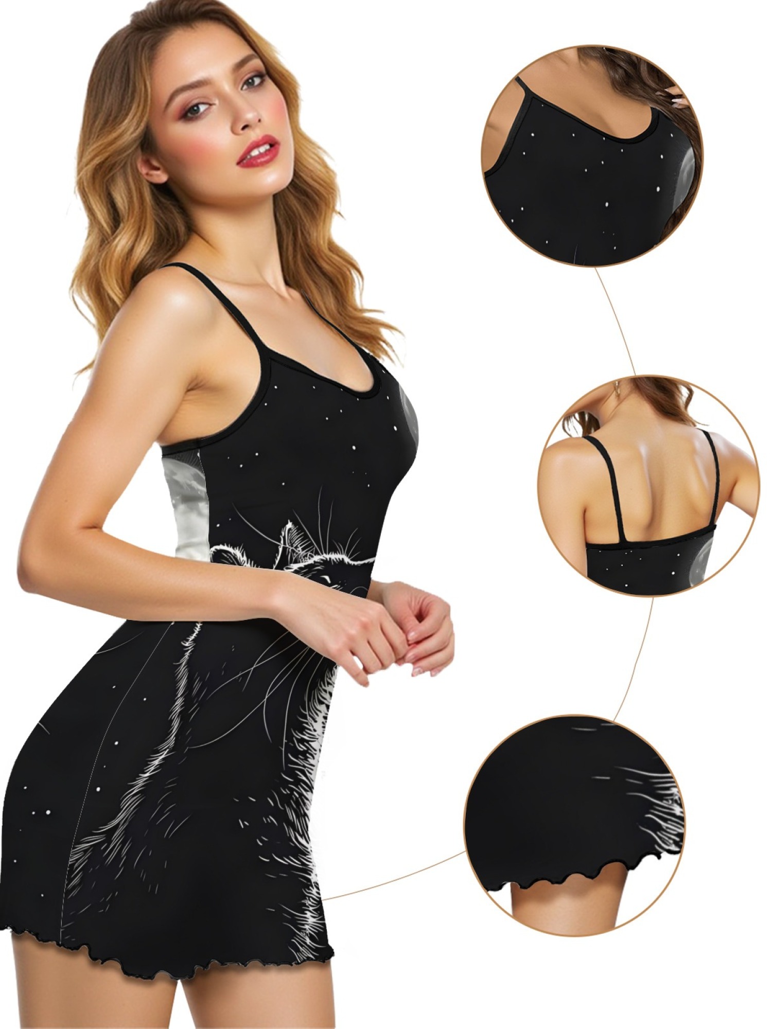 Ladies Cat Print Cami Nightgown with Star and Moon Design, Soft Stretch Fabric for Year-Round Comfort, Sexy Sleepwear with Sweet Style