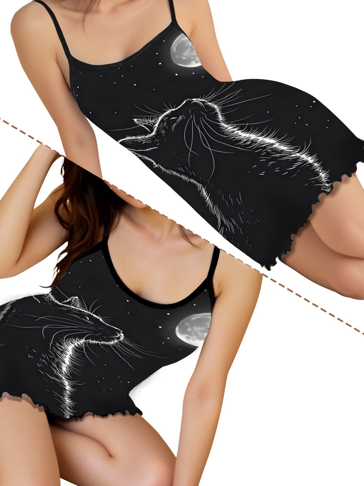 Ladies Cat Print Cami Nightgown with Star and Moon Design, Soft Stretch Fabric for Year-Round Comfort, Sexy Sleepwear with Sweet Style