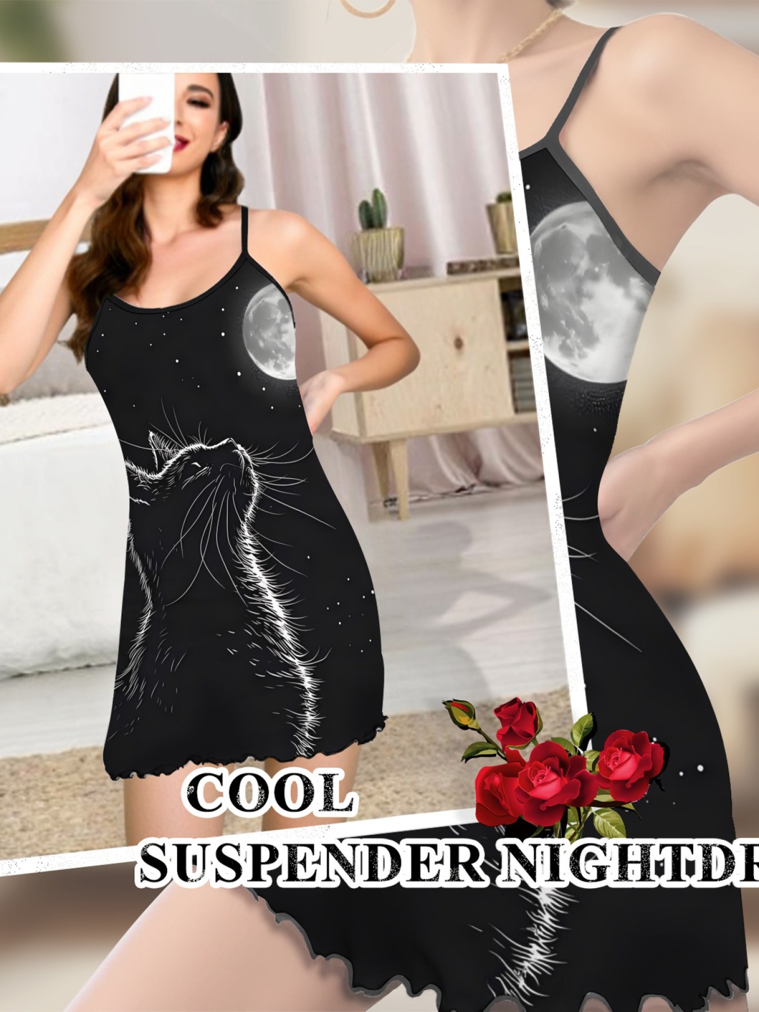 Ladies Cat Print Cami Nightgown with Star and Moon Design, Soft Stretch Fabric for Year-Round Comfort, Sexy Sleepwear with Sweet Style