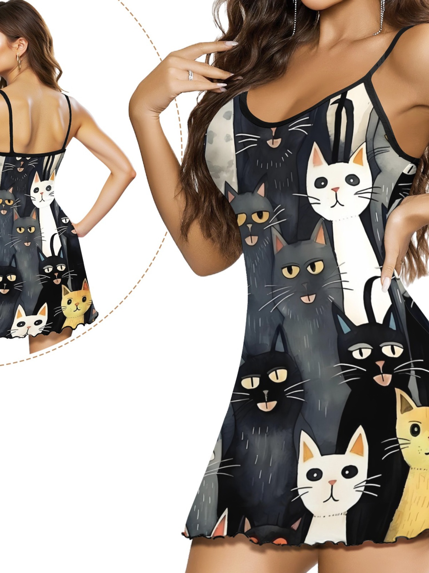 Cute Cat Print Women's Summer Pajamas, Lightweight Knit Robe for Leisure, Backless Ribbed Cami Dress, Comfortable and Breathable Nightwear, Perfect Gift for Sweethearts