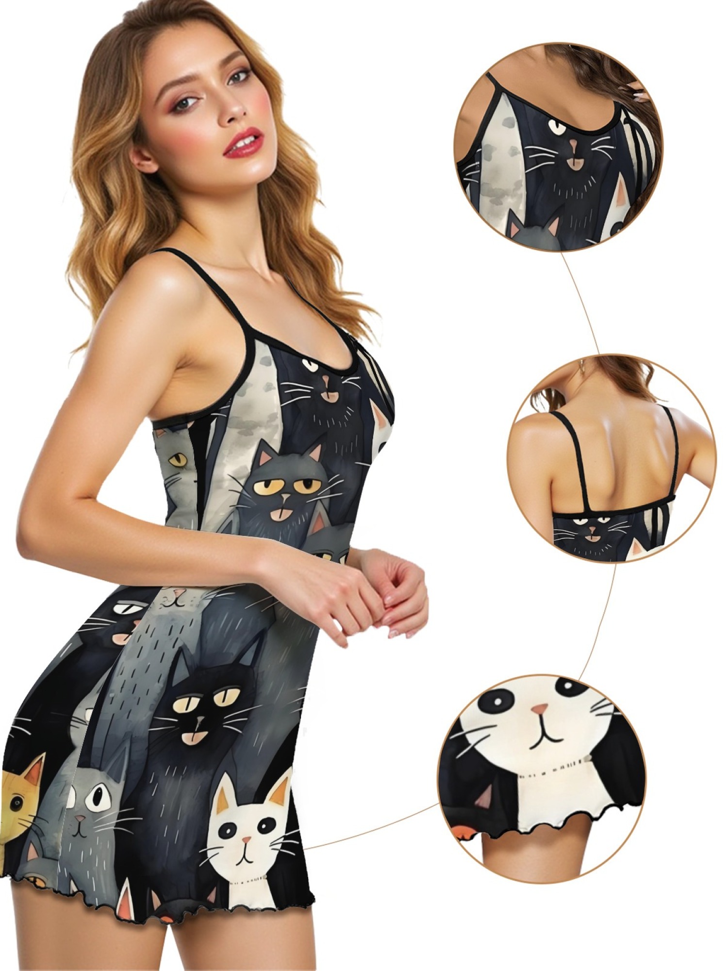 Cute Cat Print Women's Summer Pajamas, Lightweight Knit Robe for Leisure, Backless Ribbed Cami Dress, Comfortable and Breathable Nightwear, Perfect Gift for Sweethearts