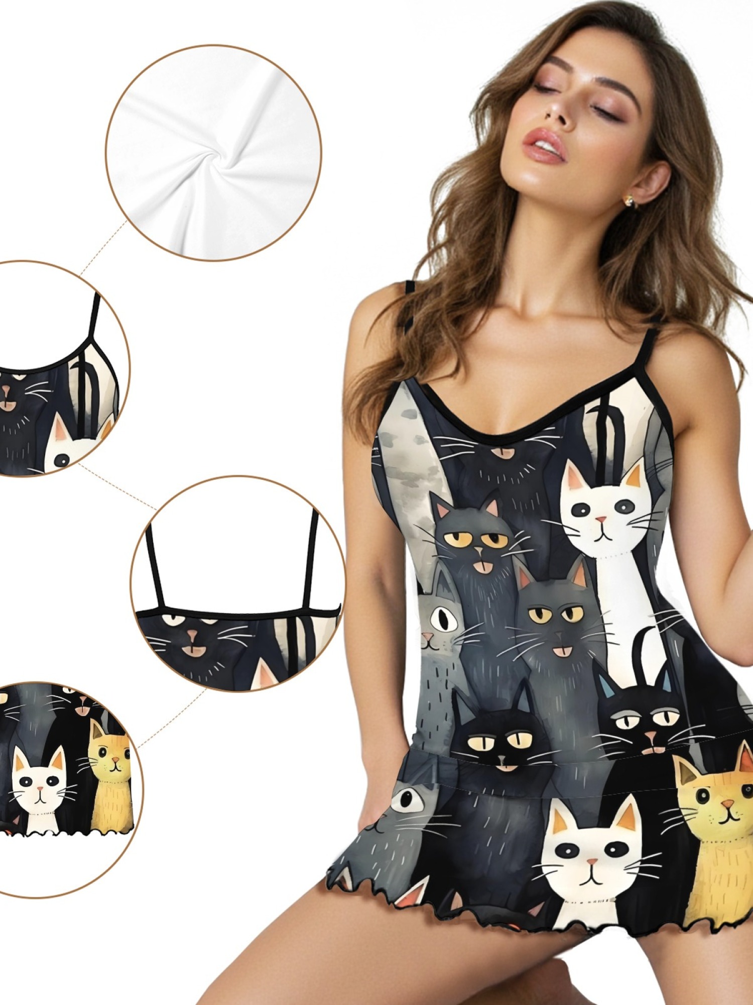 Cute Cat Print Women's Summer Pajamas, Lightweight Knit Robe for Leisure, Backless Ribbed Cami Dress, Comfortable and Breathable Nightwear, Perfect Gift for Sweethearts