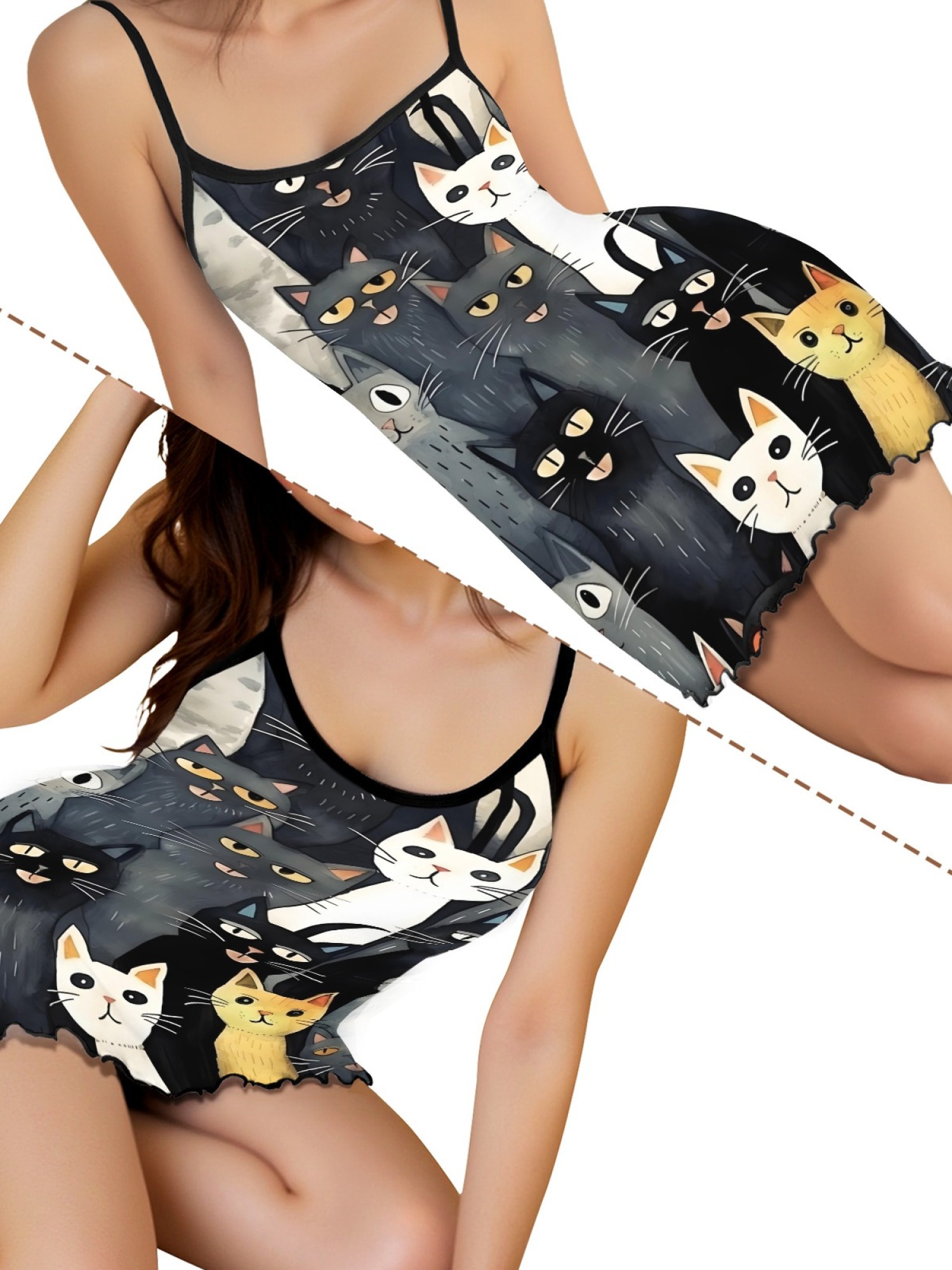 Cute Cat Print Women's Summer Pajamas, Lightweight Knit Robe for Leisure, Backless Ribbed Cami Dress, Comfortable and Breathable Nightwear, Perfect Gift for Sweethearts