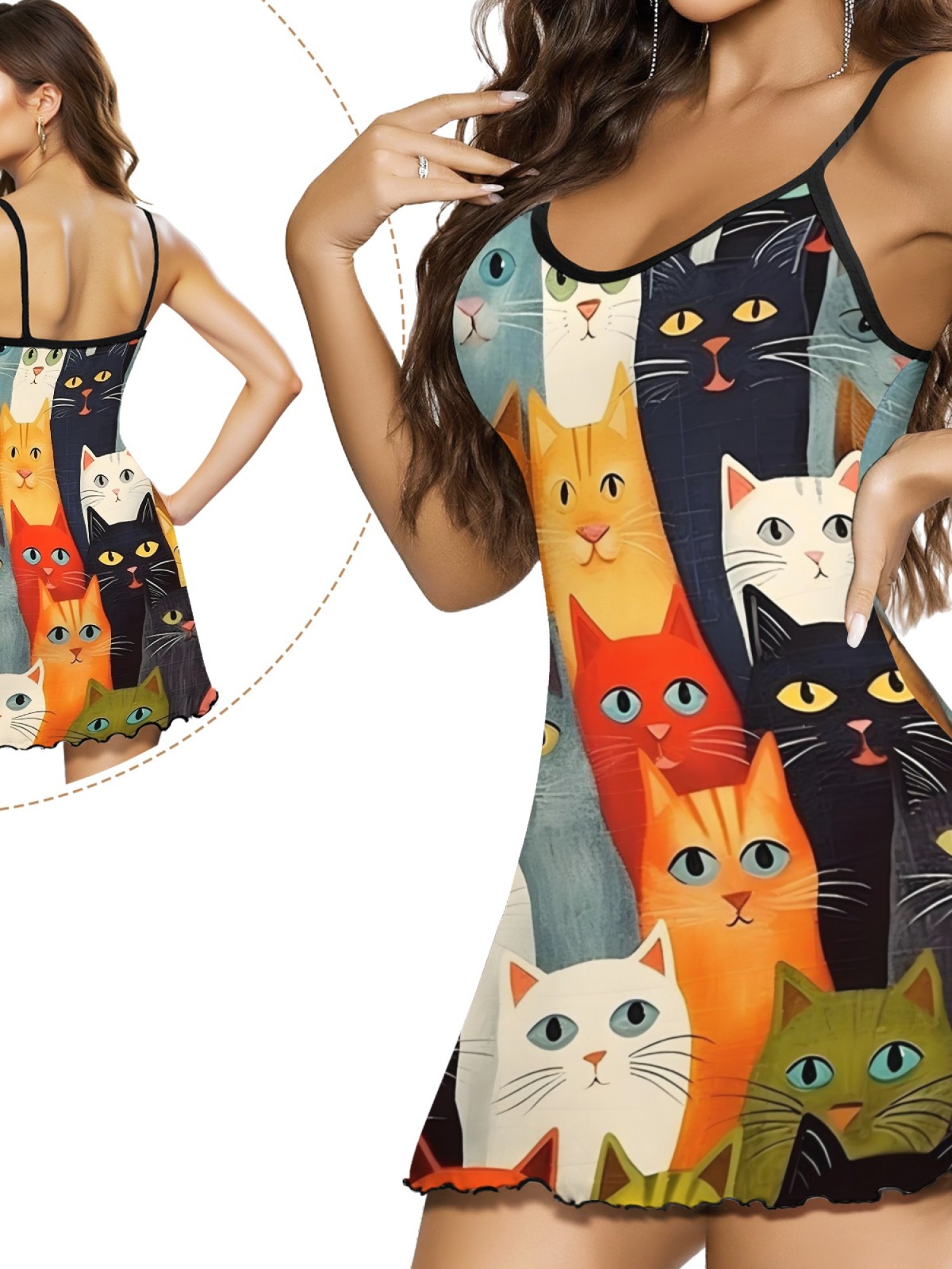 Cute Cat Print Women's Summer Pajamas, Lightweight Knit Robe for Leisure, Backless Ribbed Cami Dress, Comfortable and Breathable Nightwear, Perfect Gift for Sweethearts