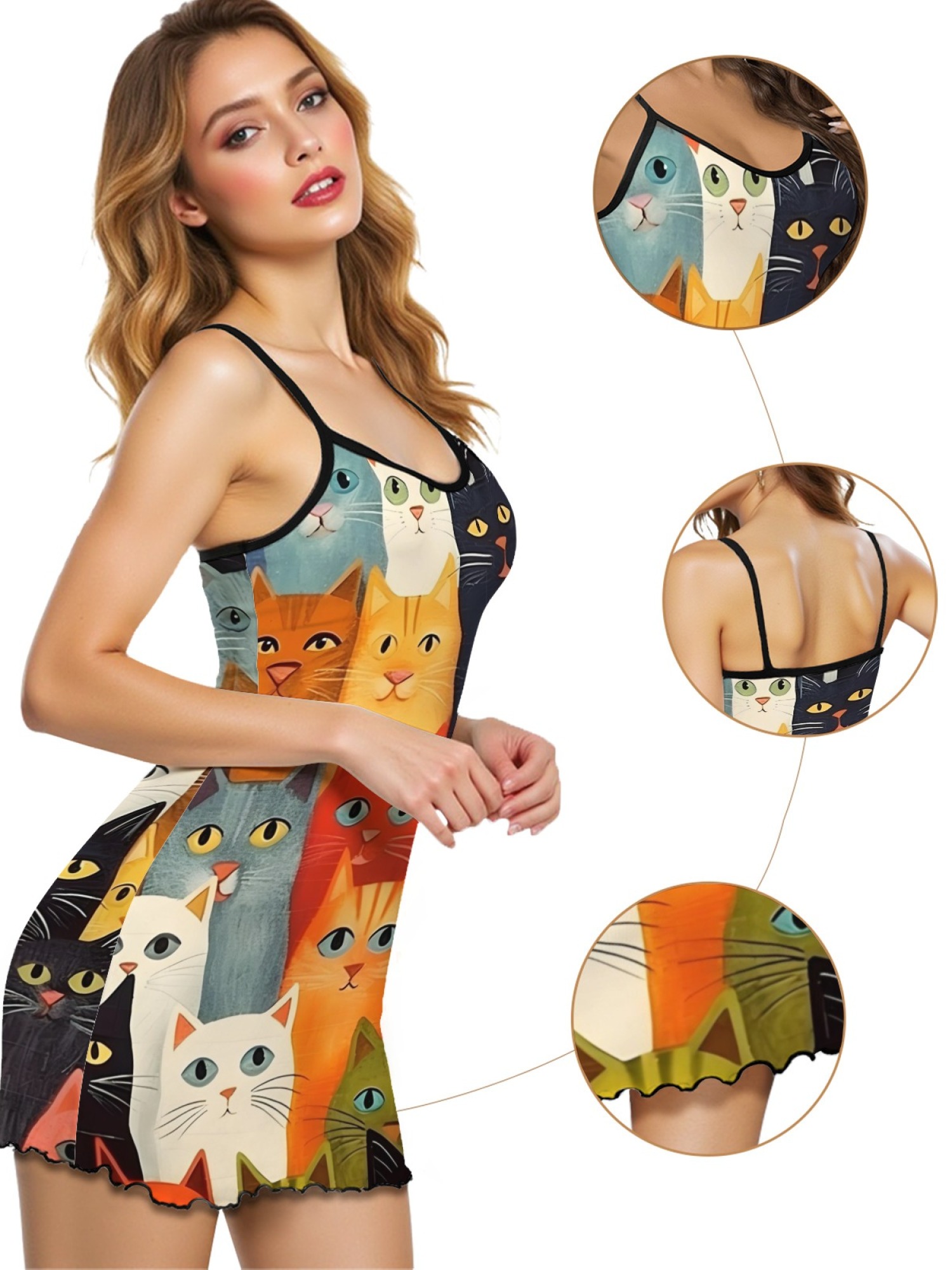 Cute Cat Print Women's Summer Pajamas, Lightweight Knit Robe for Leisure, Backless Ribbed Cami Dress, Comfortable and Breathable Nightwear, Perfect Gift for Sweethearts