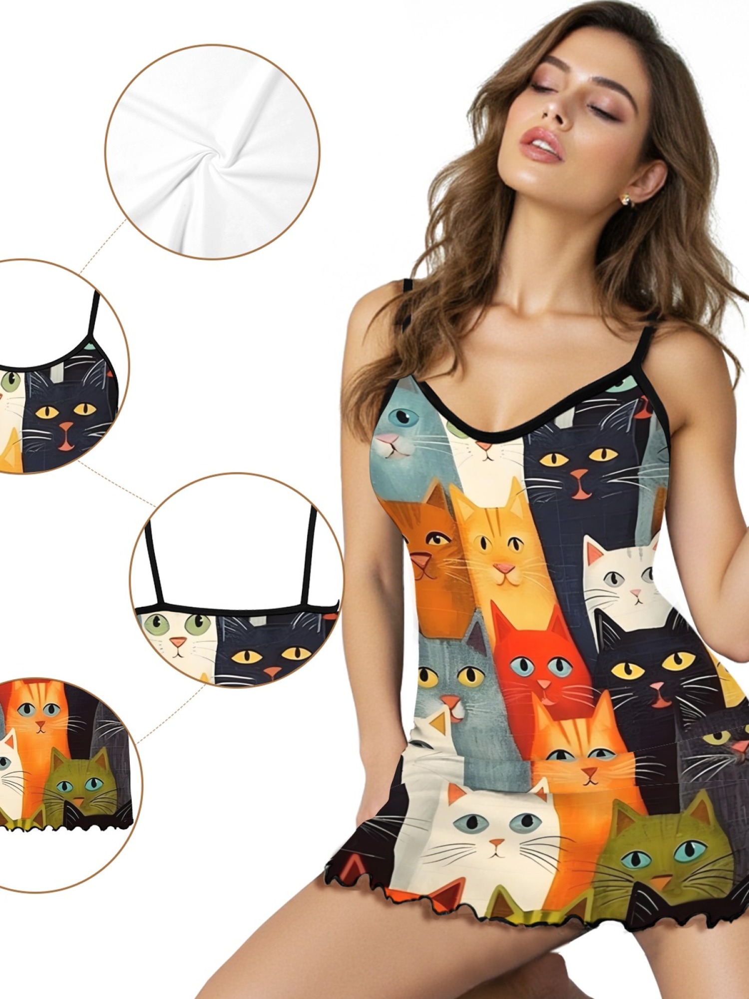 Cute Cat Print Women's Summer Pajamas, Lightweight Knit Robe for Leisure, Backless Ribbed Cami Dress, Comfortable and Breathable Nightwear, Perfect Gift for Sweethearts