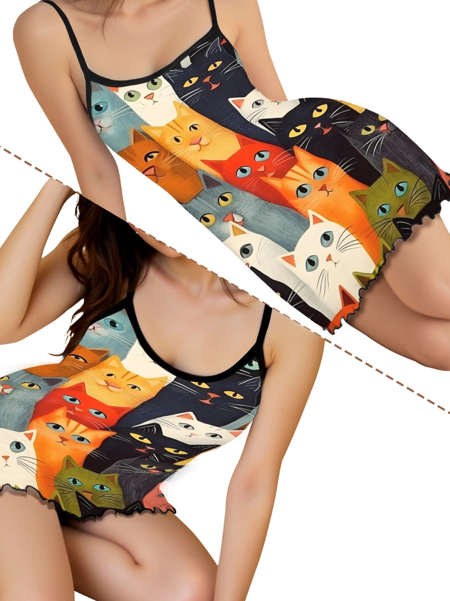 Cute Cat Print Women's Summer Pajamas, Lightweight Knit Robe for Leisure, Backless Ribbed Cami Dress, Comfortable and Breathable Nightwear, Perfect Gift for Sweethearts