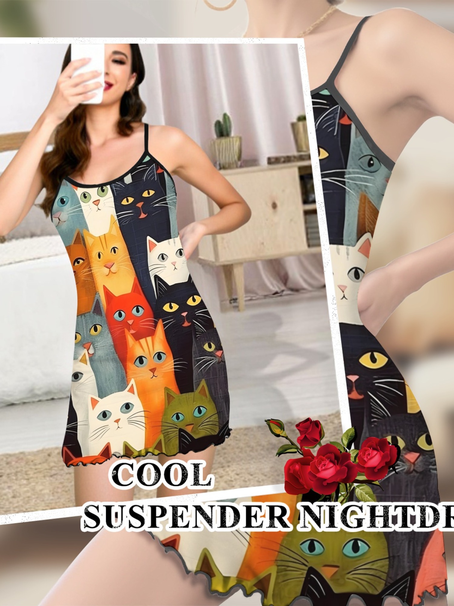 Cute Cat Print Women's Summer Pajamas, Lightweight Knit Robe for Leisure, Backless Ribbed Cami Dress, Comfortable and Breathable Nightwear, Perfect Gift for Sweethearts