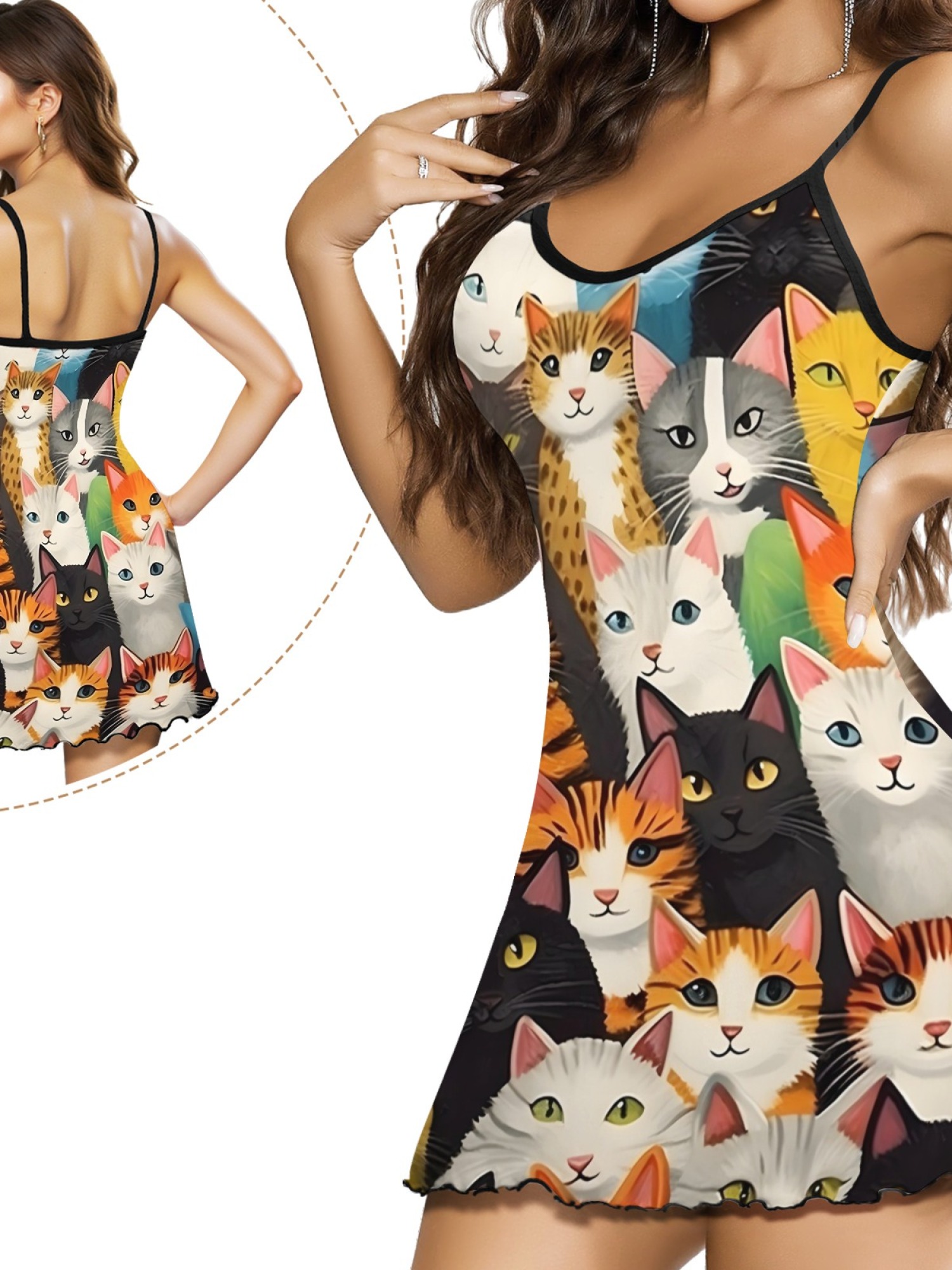 Cute Cat Print Women's Summer Pajamas, Lightweight Knit Robe for Leisure, Backless Ribbed Cami Dress, Comfortable and Breathable Nightwear, Perfect Gift for Sweethearts