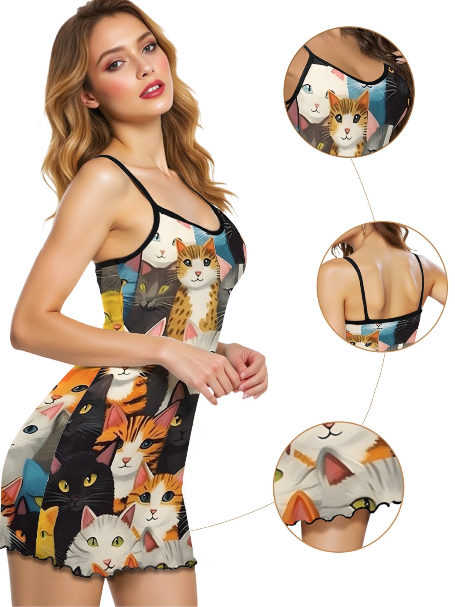 Cute Cat Print Women's Summer Pajamas, Lightweight Knit Robe for Leisure, Backless Ribbed Cami Dress, Comfortable and Breathable Nightwear, Perfect Gift for Sweethearts